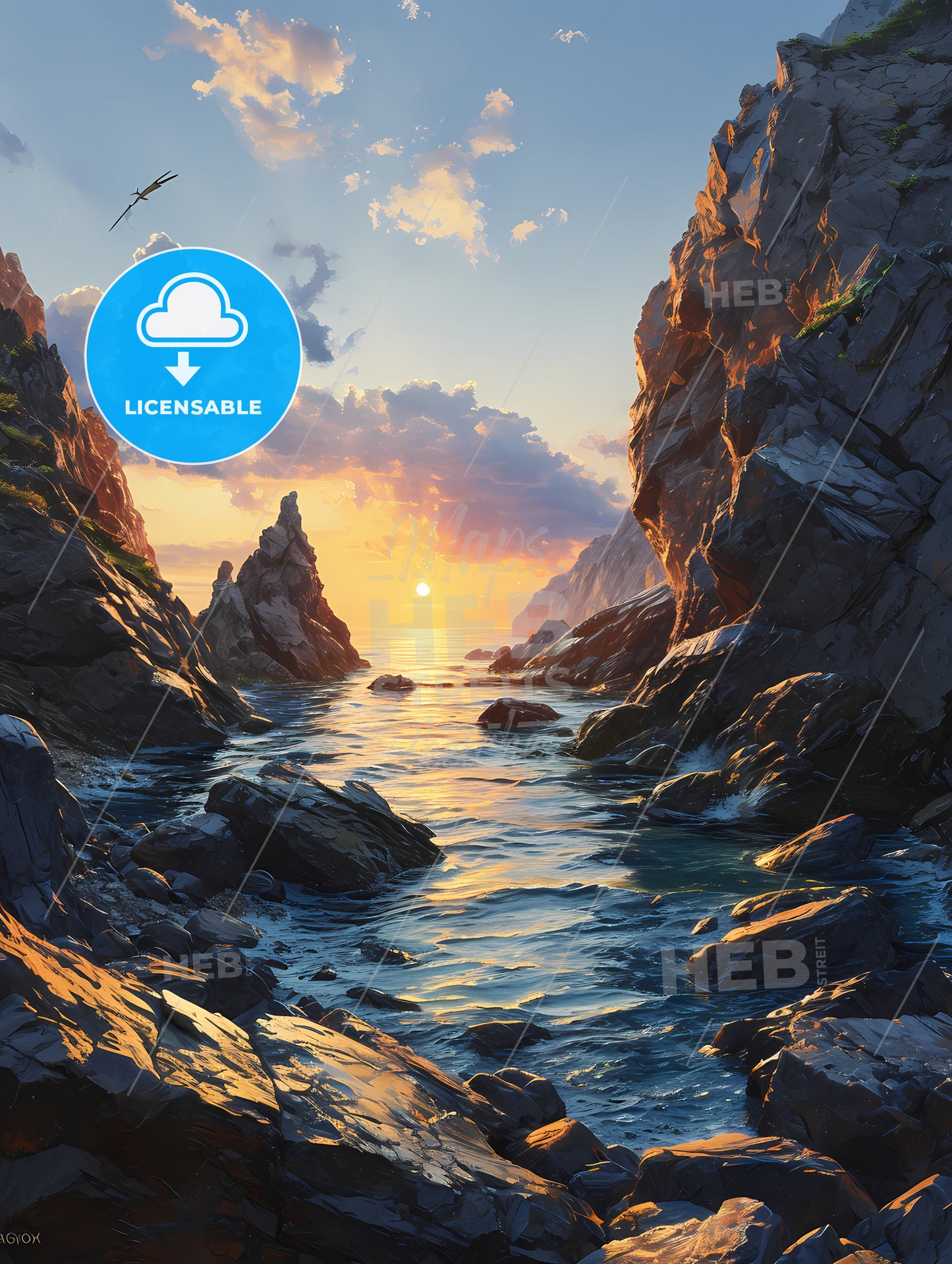 Sunset Kissing The Shimmering Ocean, A River Between Rocks With A Sunset