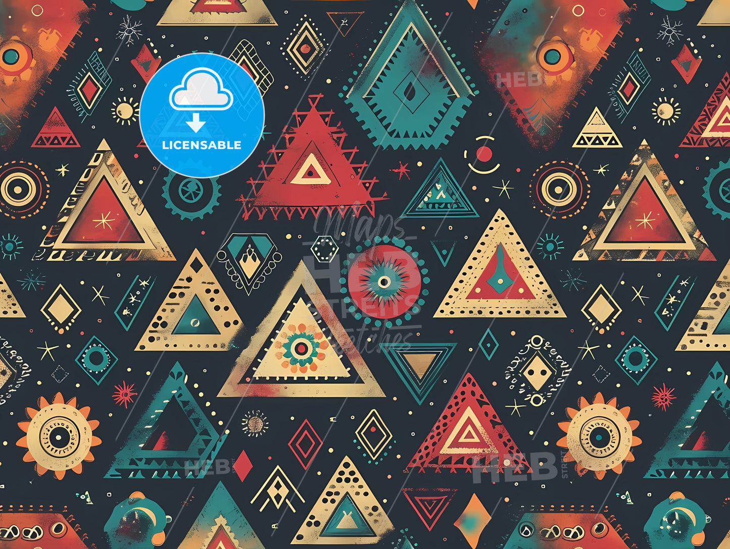 Geometric Patterns In Old Retro Style, A Pattern Of Triangles And Flowers