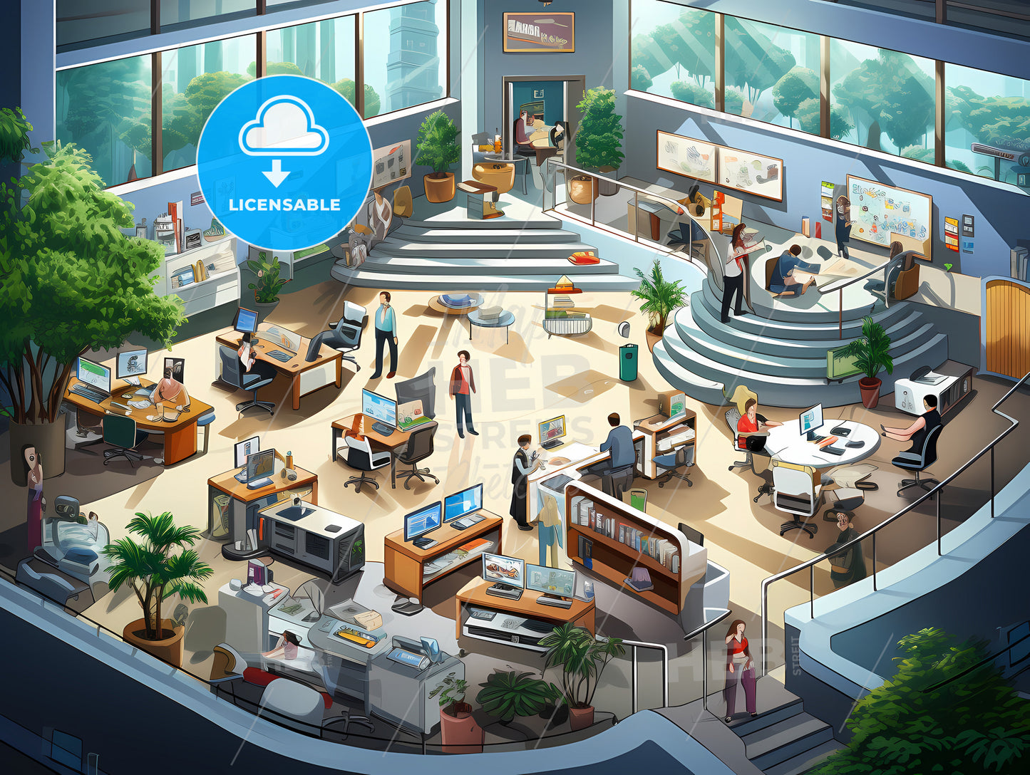 A Birds Eye View Of An Office, A Large Office With People Working In It