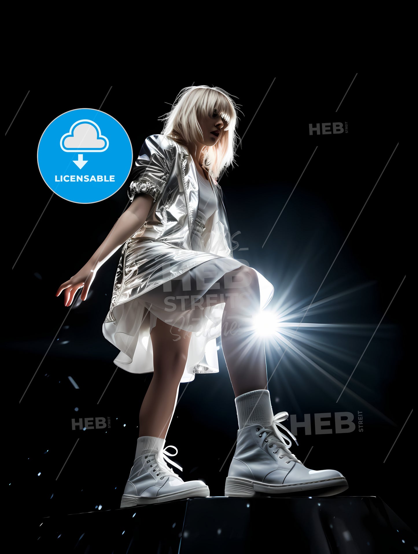 Very Low Angle, A Woman In A Silver Dress And White Boots