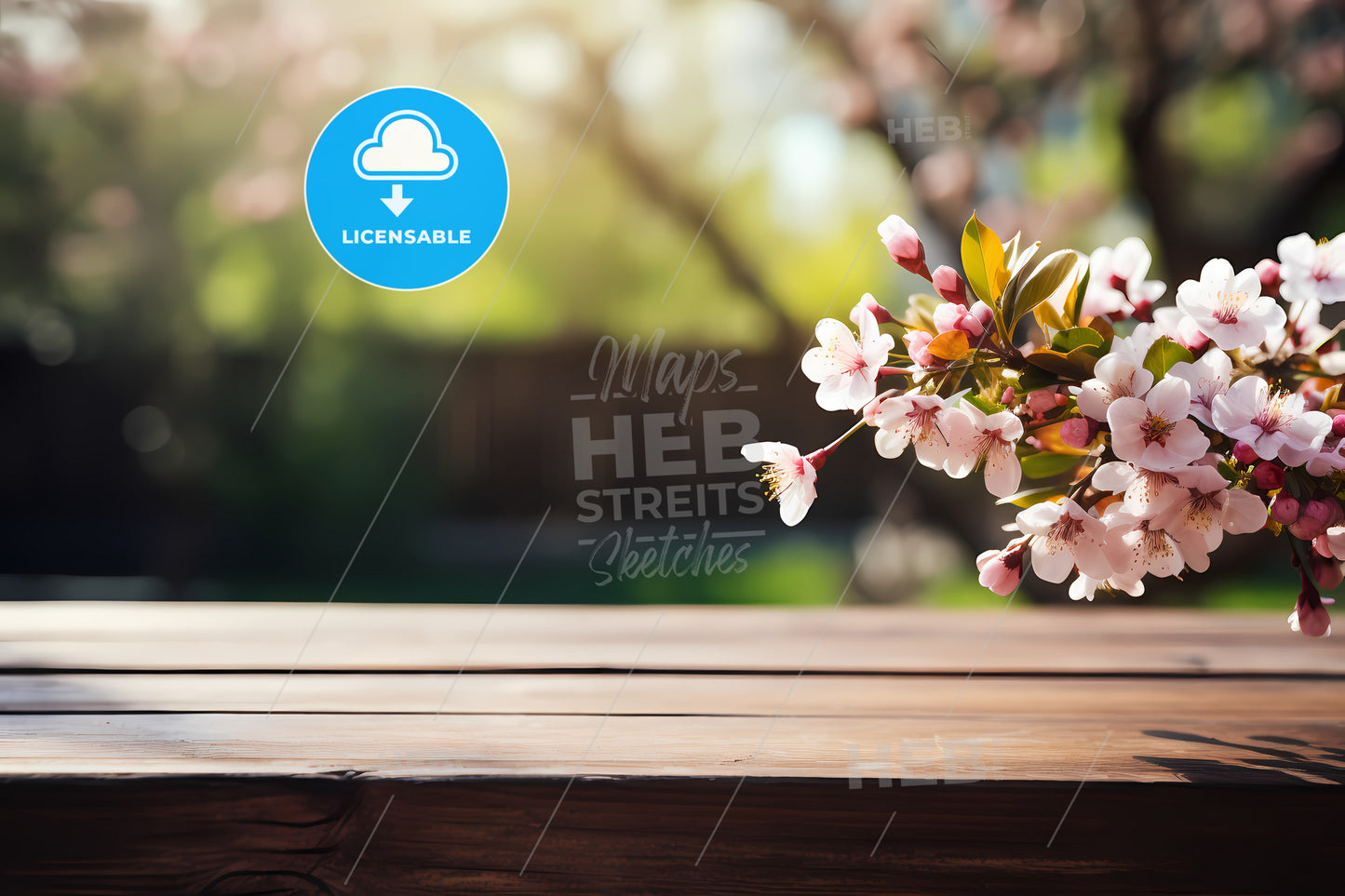 Wooden Table With Spring, A Close Up Of A Flower