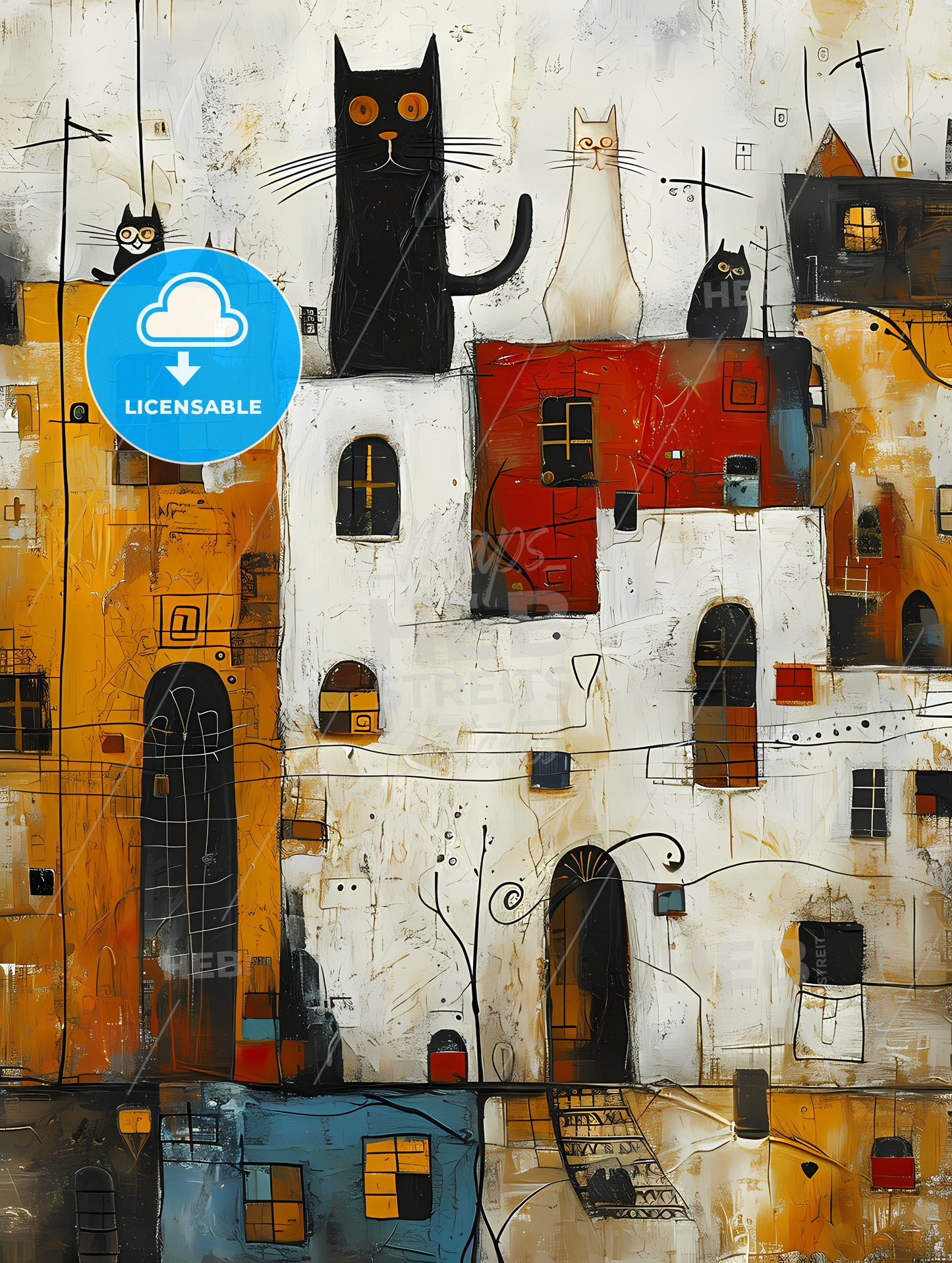 Cats Eclectic Squares On A White Background, A Painting Of A City With Cats On It