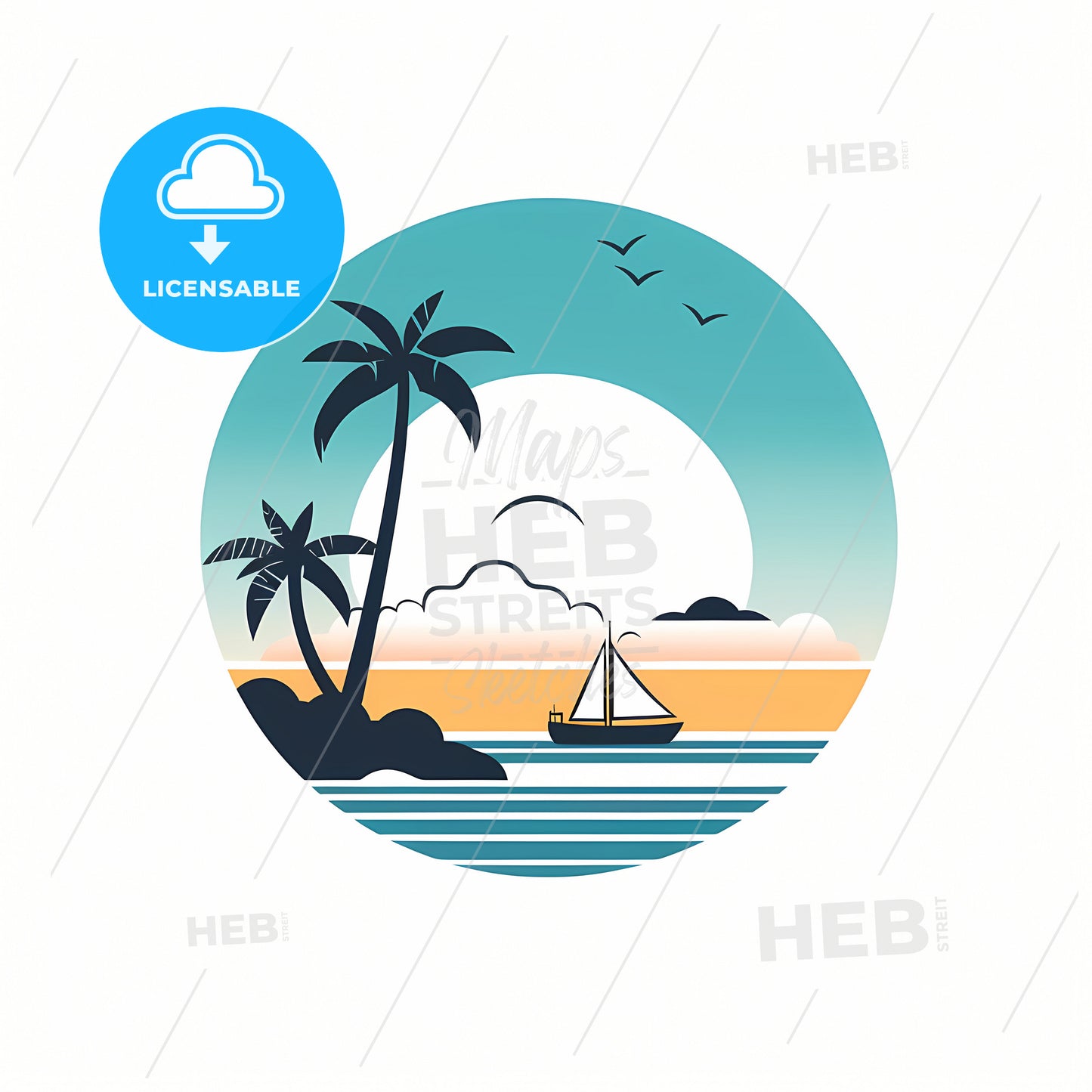 A Sea View, A Logo Of A Beach With Palm Trees And A Boat