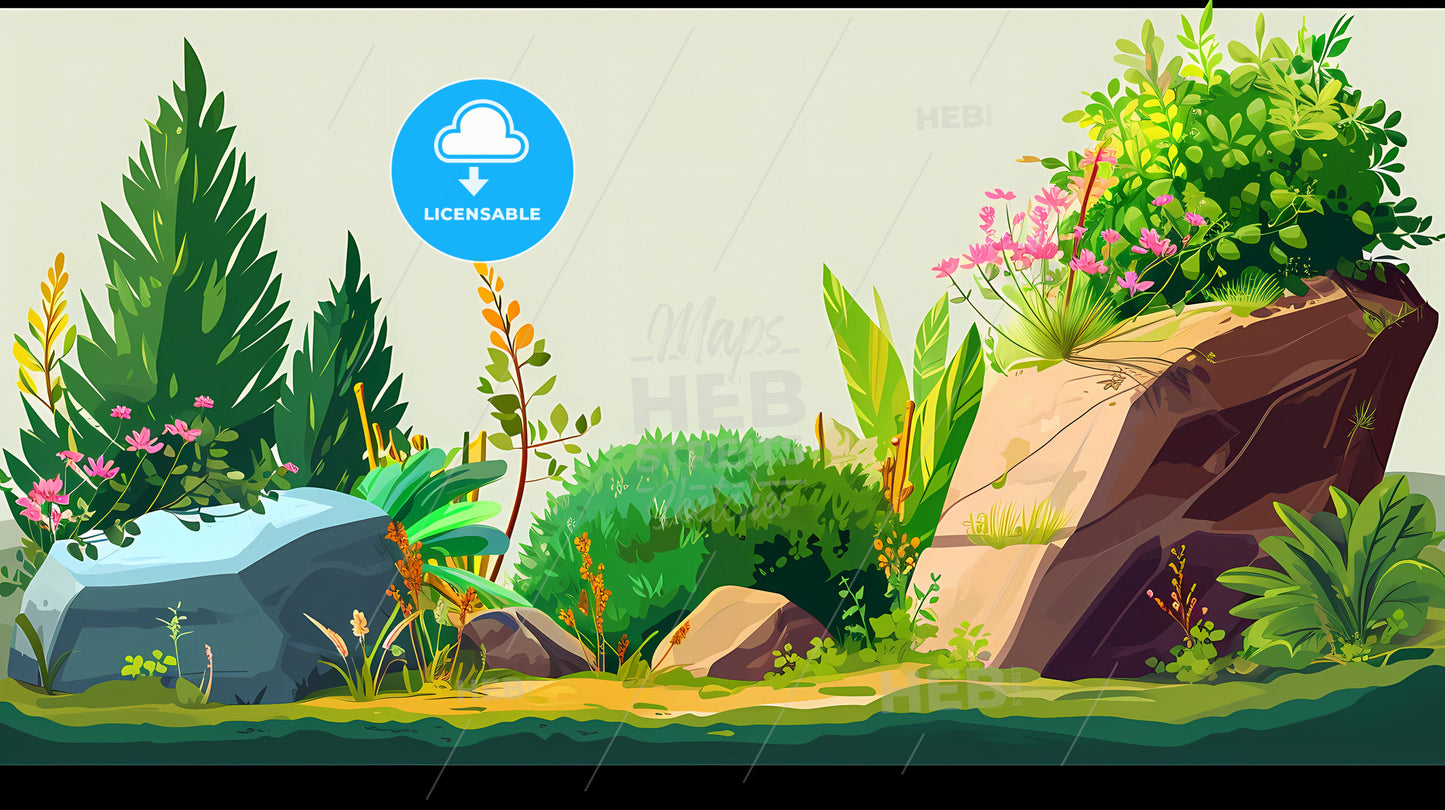 Cartoon Hand Drawn Moss Stones, A Cartoon Of A Garden