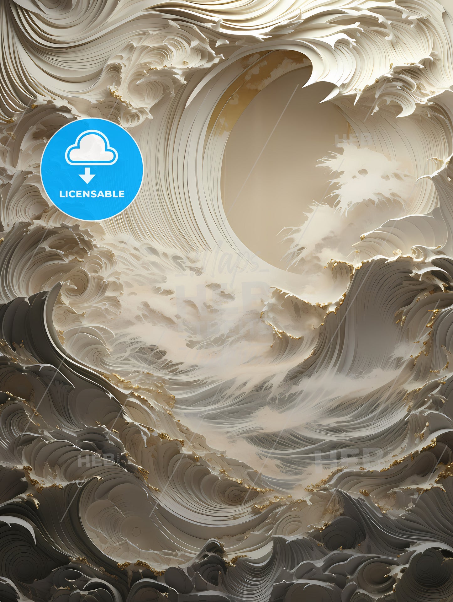 Gold And Silver Paper Sculpture, A White And Black Swirly Clouds