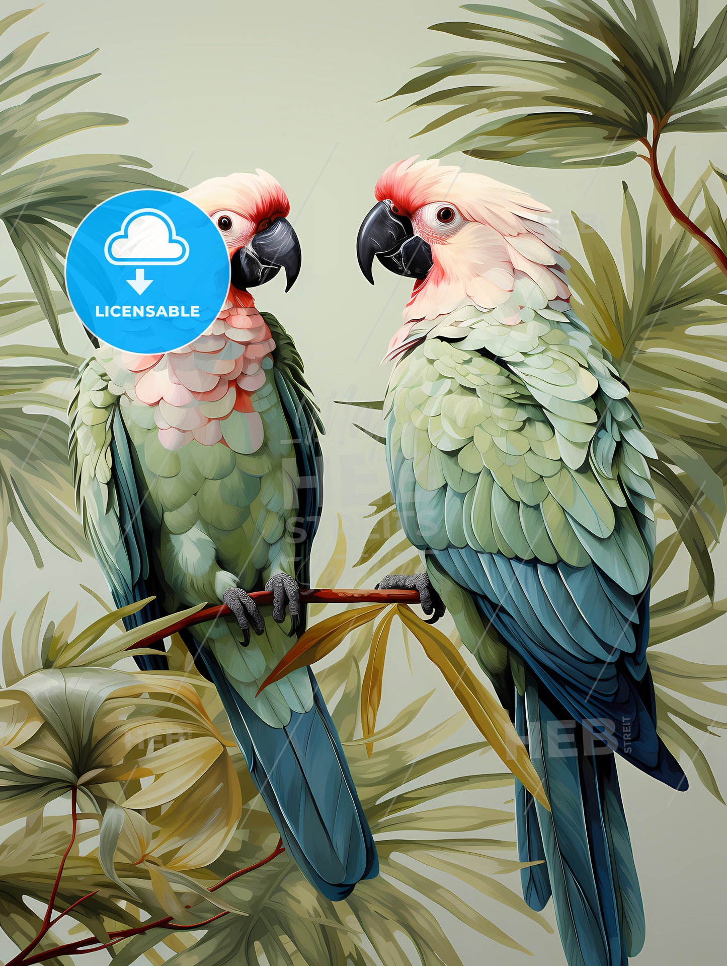 Green Palm Leaves, Two Birds Sitting On A Branch