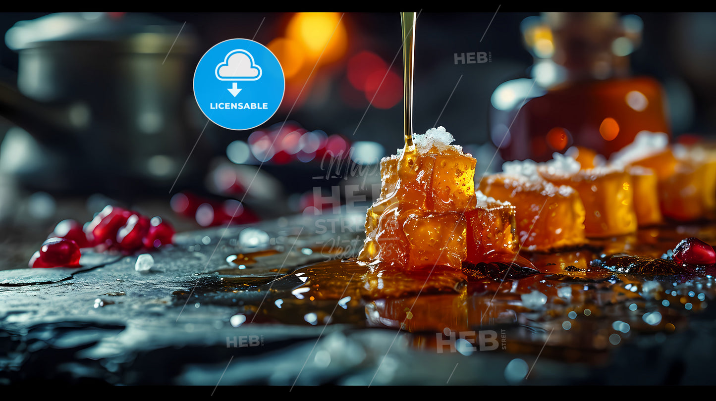 Very Thick Caramel Jam With Sea-Salt, A Liquid Pouring Into A Brown Cube