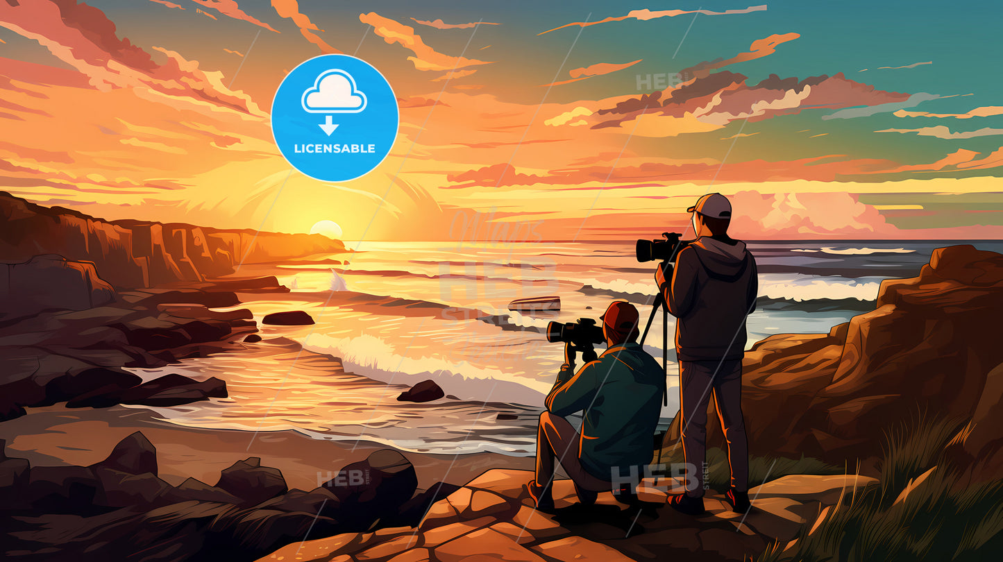 Digital Enthusiasts Are On The Beach, Two People Taking Pictures Of The Sunset