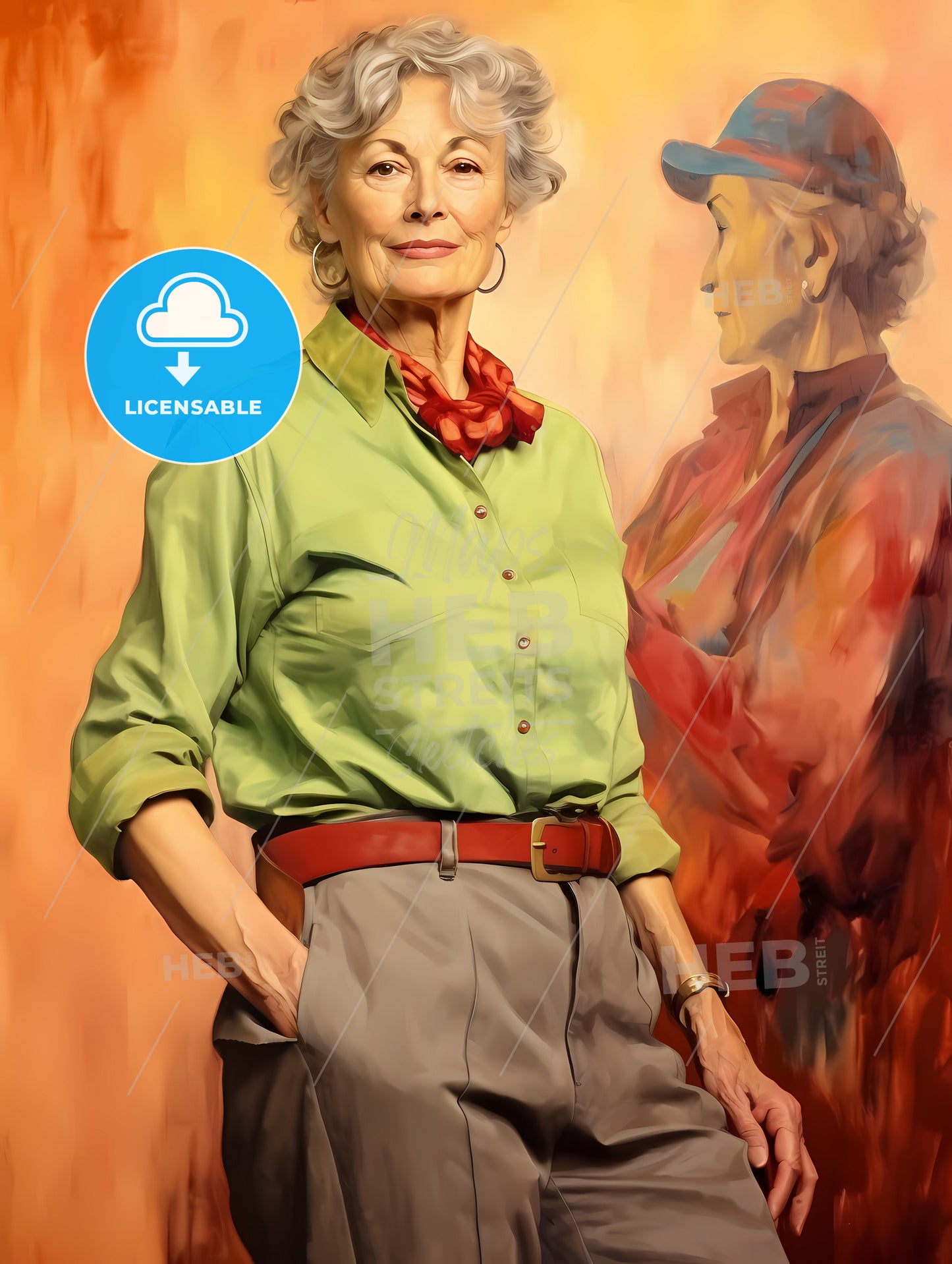 Woman In Her 70S Wearing Stylish Casual Clothes, A Woman With Grey Hair And Green Shirt