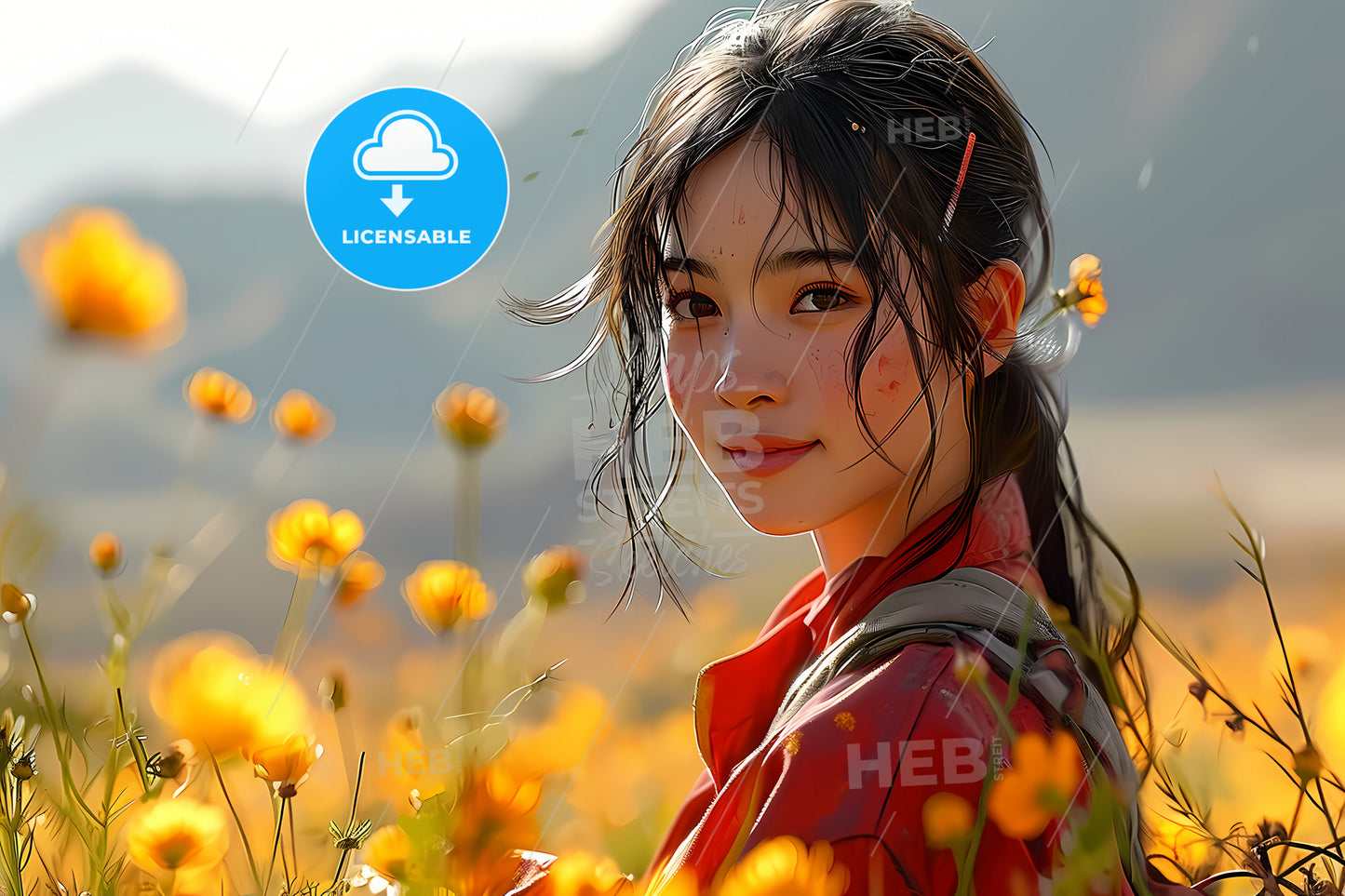 Oil Painting Of Portrait Of The Girl, A Woman In A Field Of Flowers