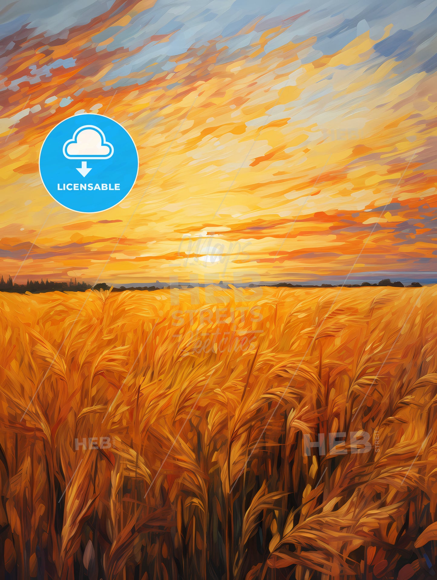 An Impressionist Oil Painting, A Field Of Wheat With The Sun Setting Behind It