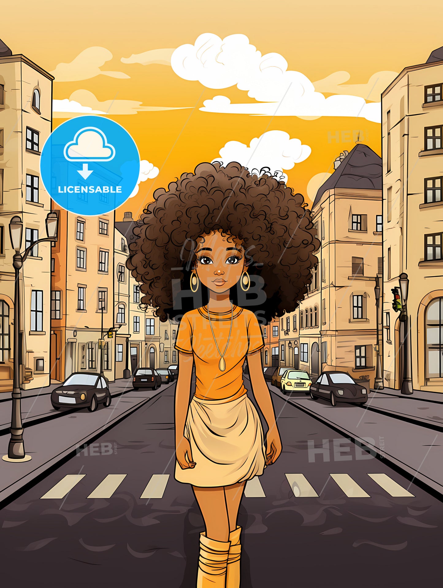 Cute Afro Girl, Cartoon Of A Woman Walking On A Street