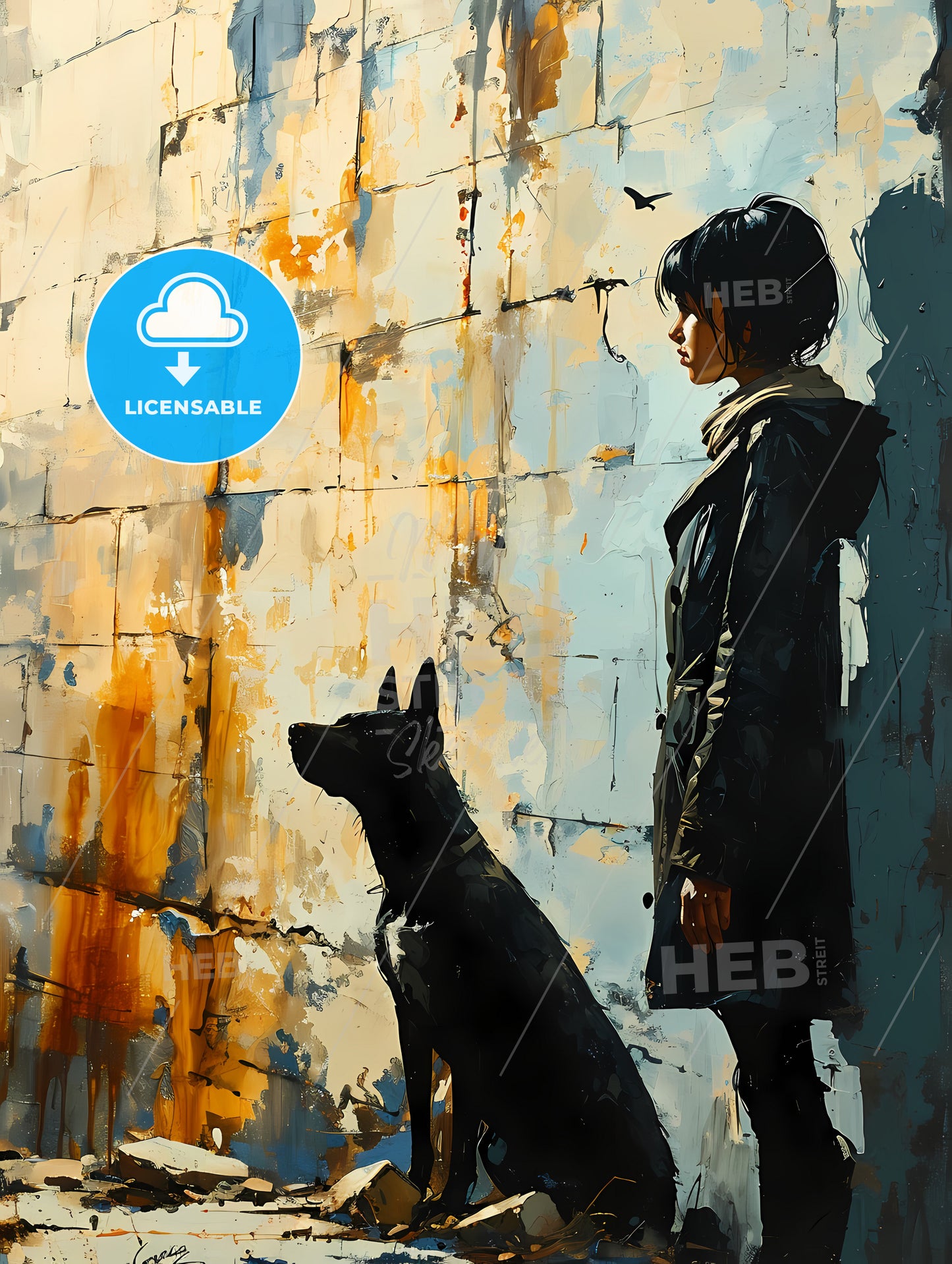 A Girl Is Walking With A Black Dog, A Woman And A Dog