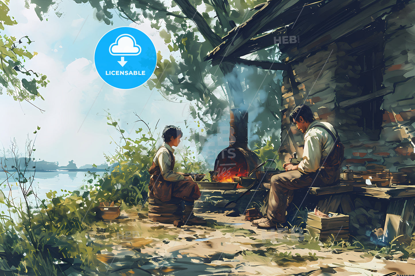 Extended Family Cooking Barbecue, A Man And Woman Sitting Outside By A Fire