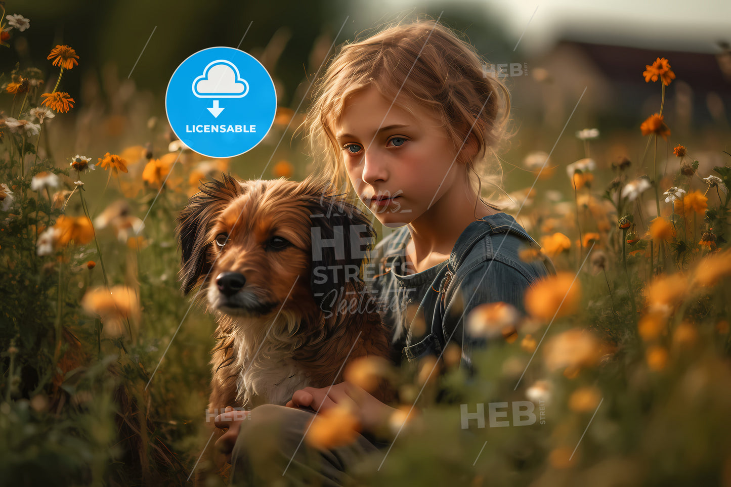Personal Portrait Of A Young Girl, A Girl And A Dog In A Field Of Flowers