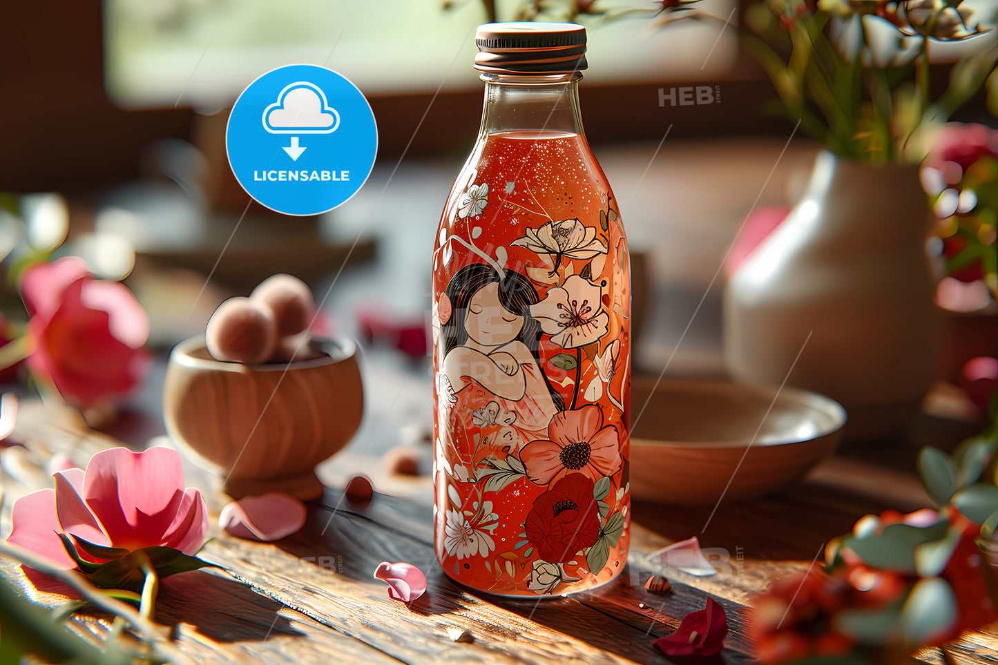 Rose Skin Care Water Bottle, A Bottle Of Liquid On A Table