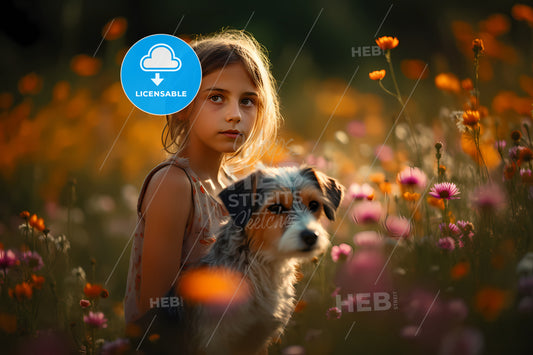Personal Portrait Of A Young Girl, A Girl And A Dog In A Field Of Flowers