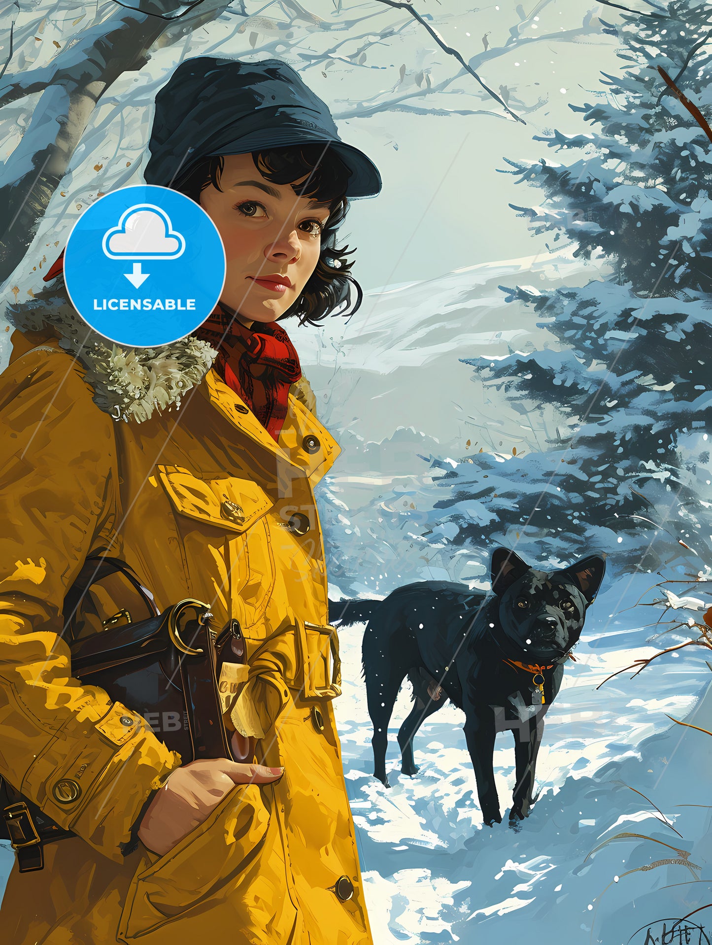 A Girl Is Walking With A Black Dog, A Woman In A Yellow Coat With A Black Dog In The Snow