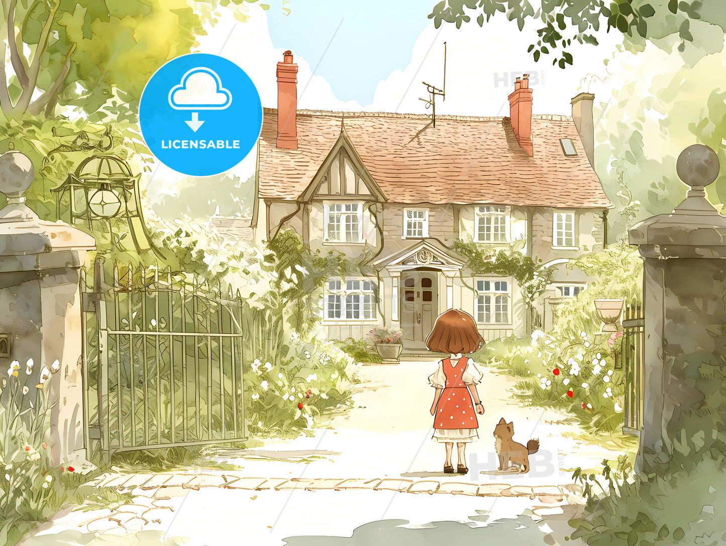 Sunny Background Soft And Gentle, A Cartoon Of A Girl And A Dog In Front Of A House