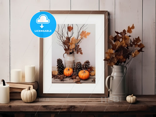 Art Print, A Picture Frame With Pumpkins And Pine Cones