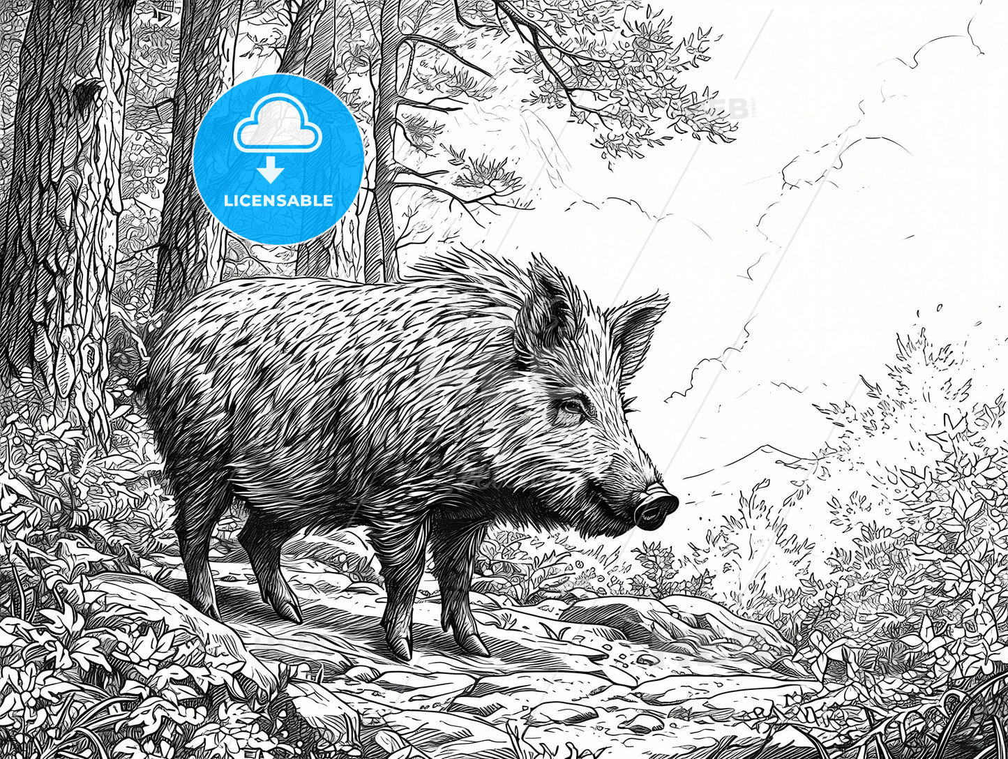 Wild Boar, A Black And White Drawing Of A Wild Boar