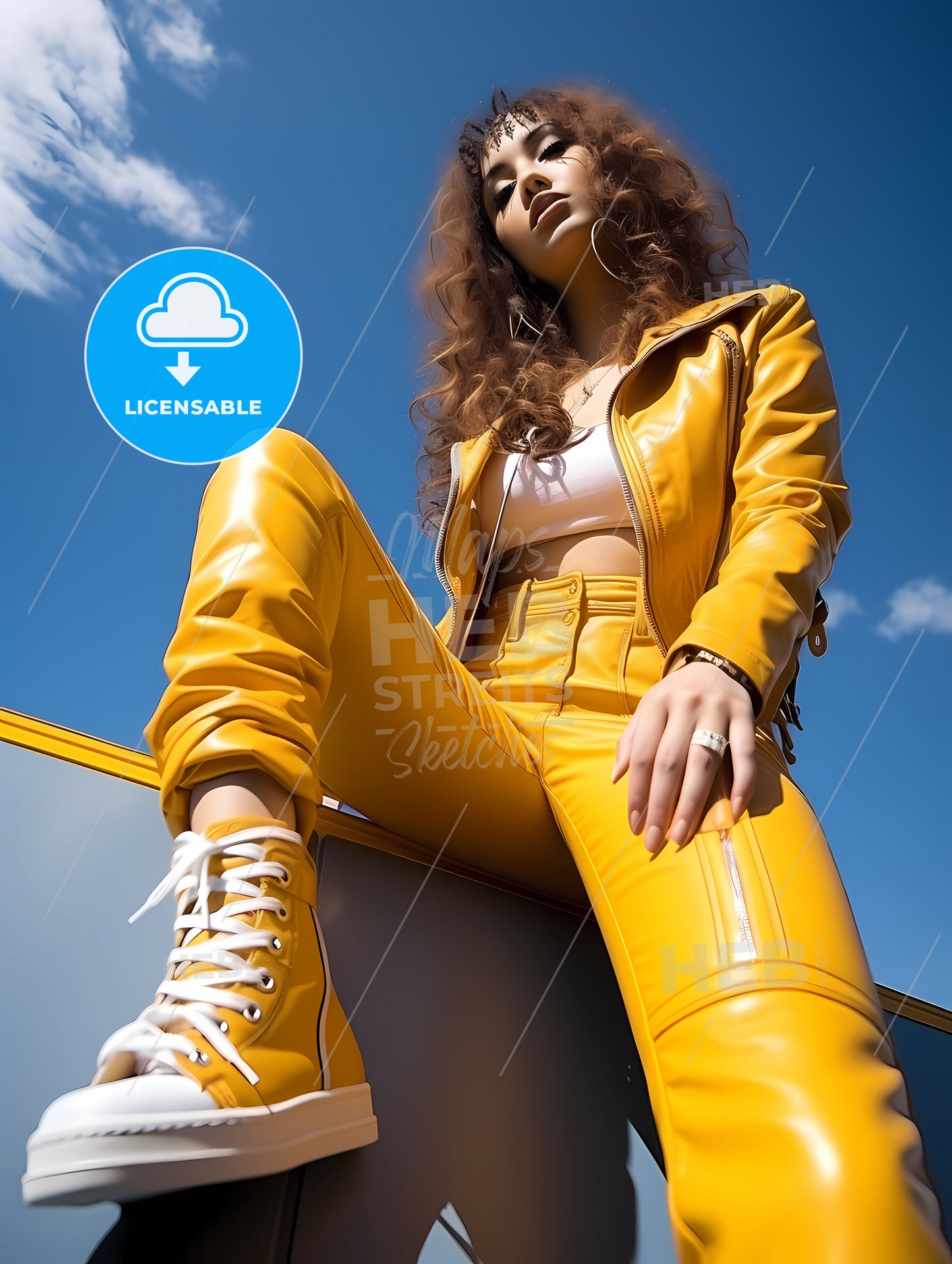 Young 30 Years Old Woman, A Woman Sitting On A Ledge Wearing Yellow Leather Pants And A Yellow Jacket