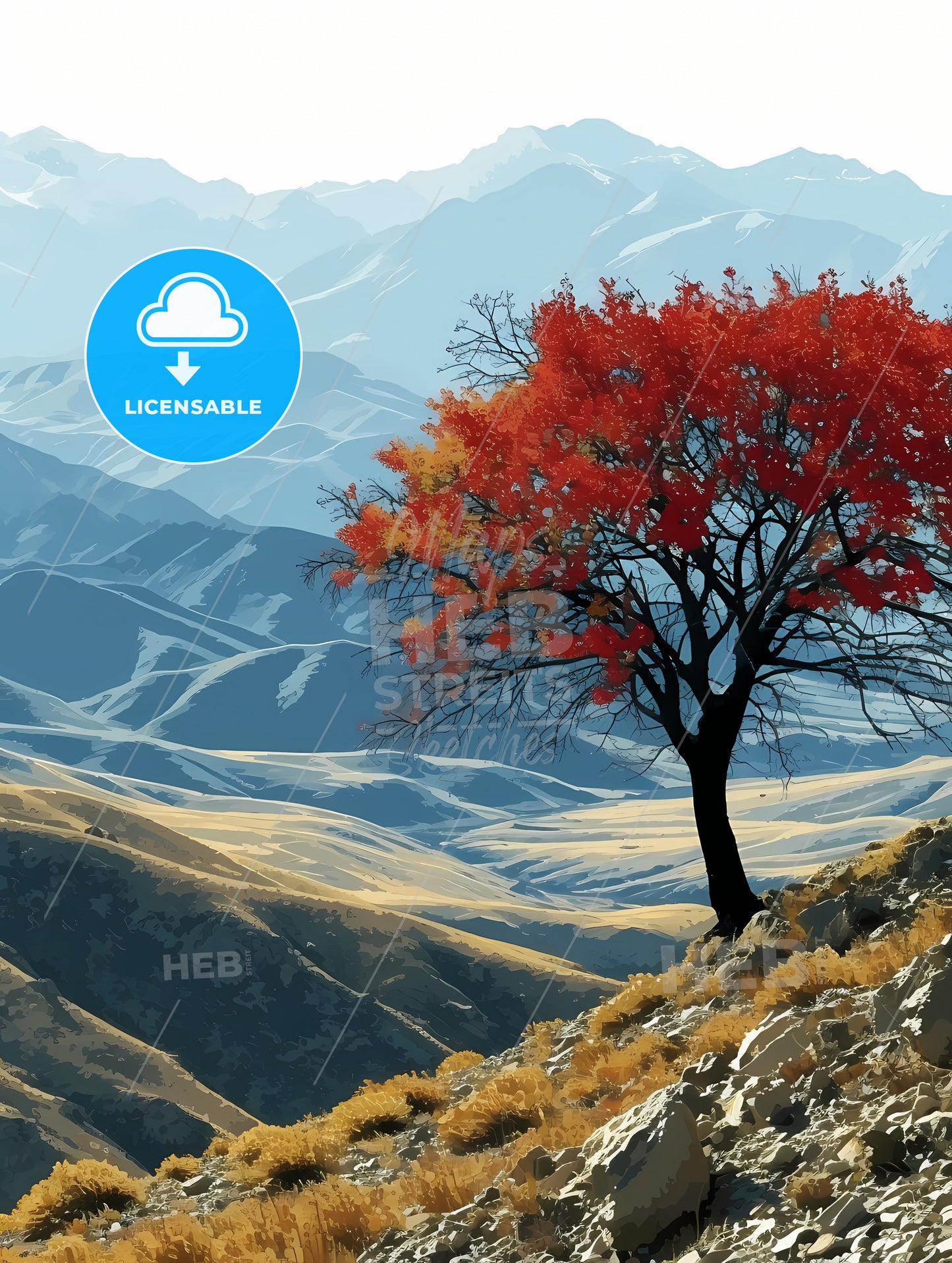 Winter Desert Day Landscape, A Tree With Red Leaves On A Hill