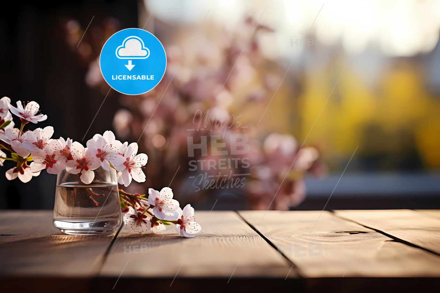 Wooden Table With Spring, A Glass With Flowers On A Table