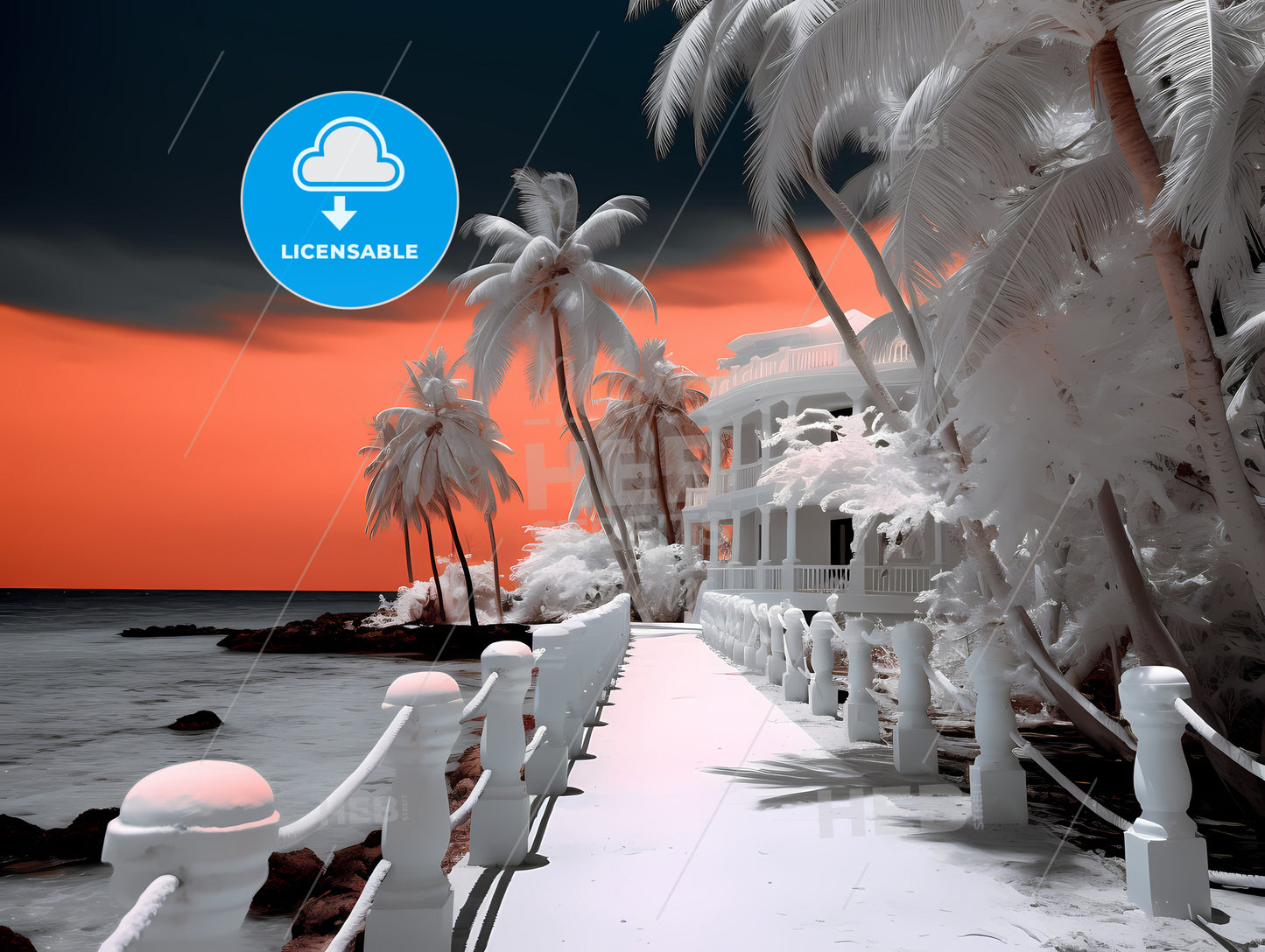 A Black Sun In A White Night, A Walkway Leading To A Beach With Palm Trees
