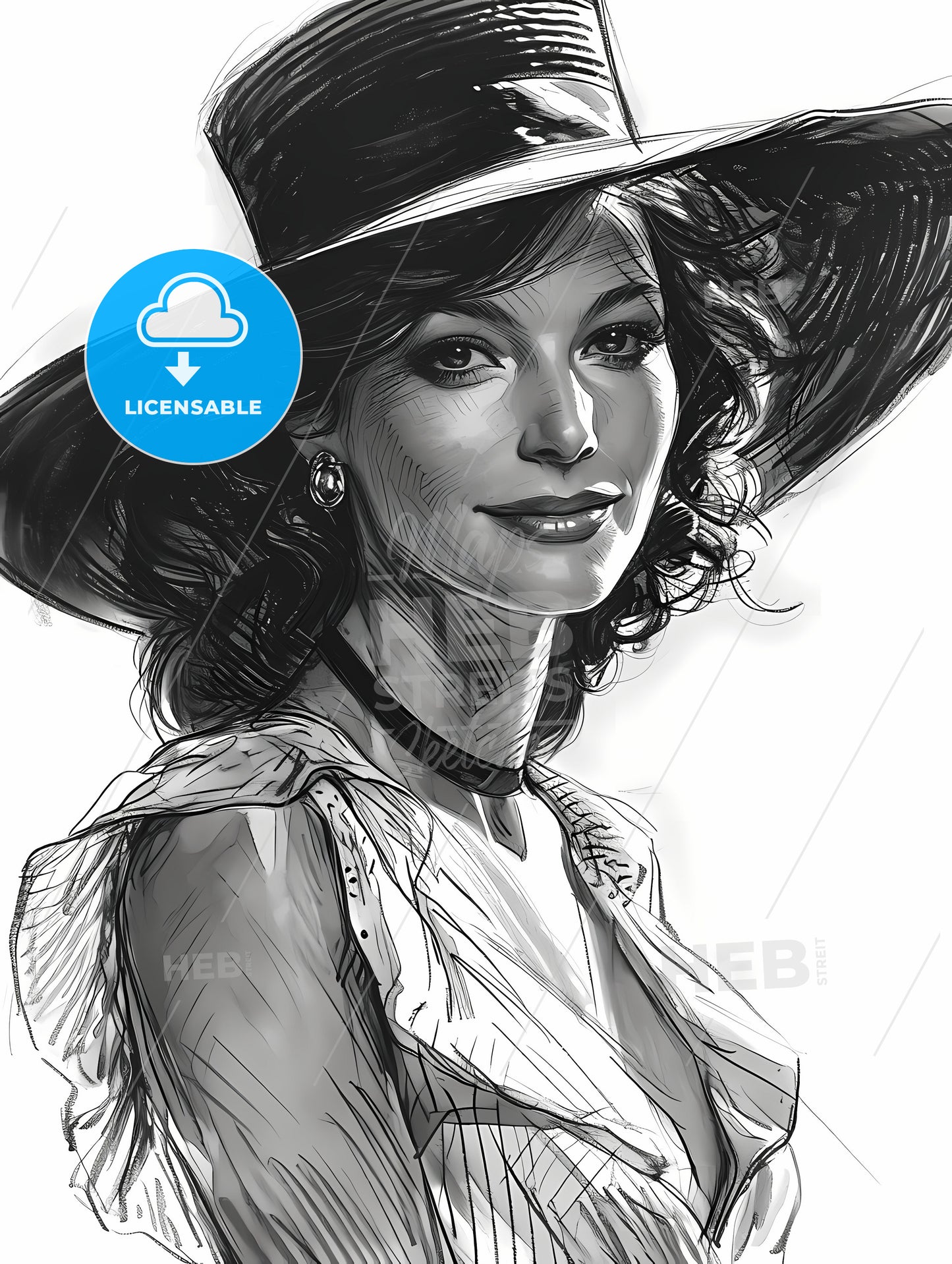 Hand Drawn Black And White Fashion Sketch, A Woman Wearing A Hat