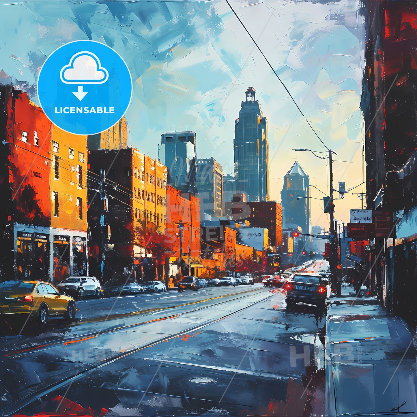 Kansas City Missouri Art Sketch City View, A City Street With Cars And Buildings