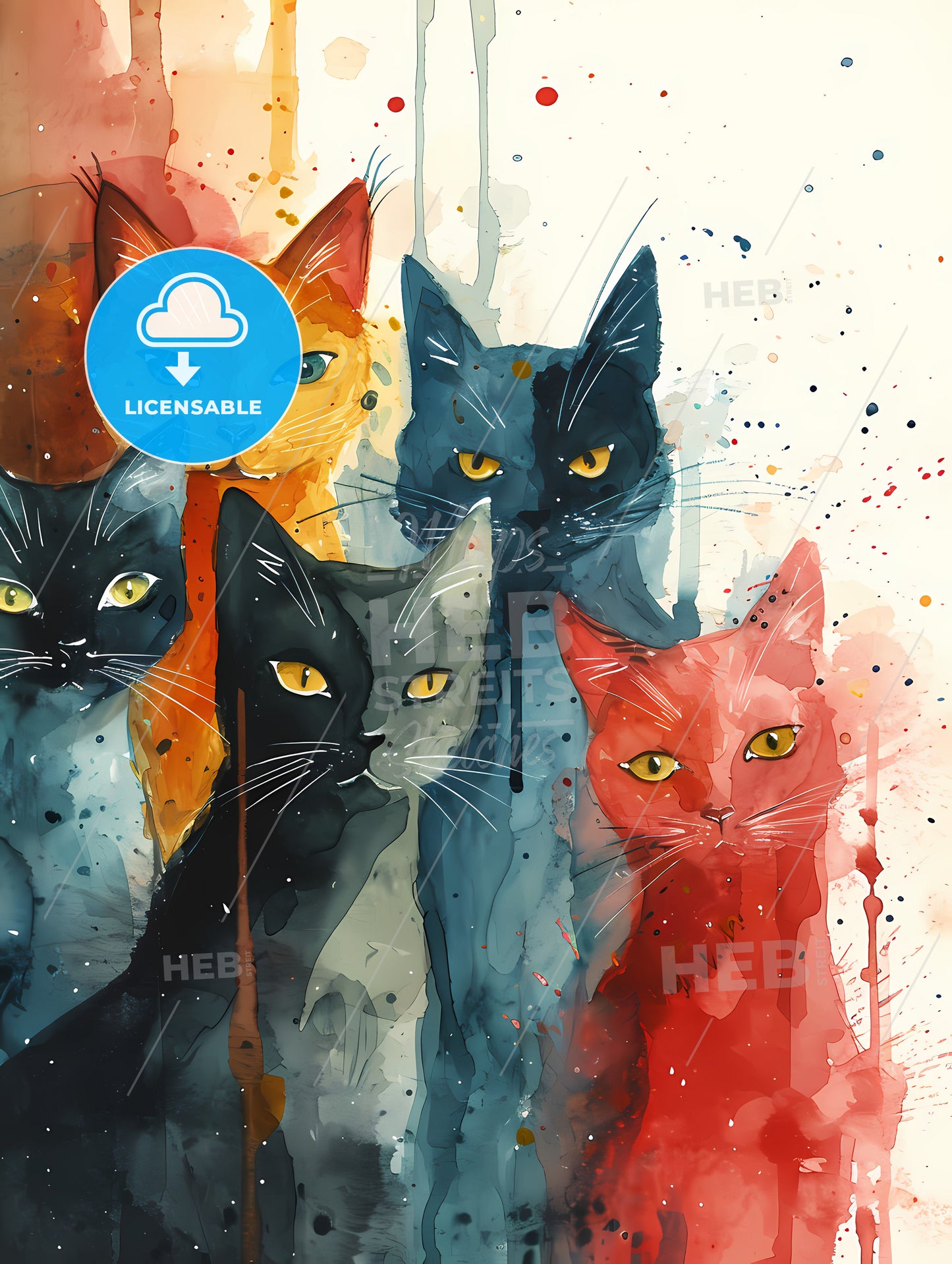 Cats Eclectic Squares On A White Background, A Group Of Cats With Watercolor Paint