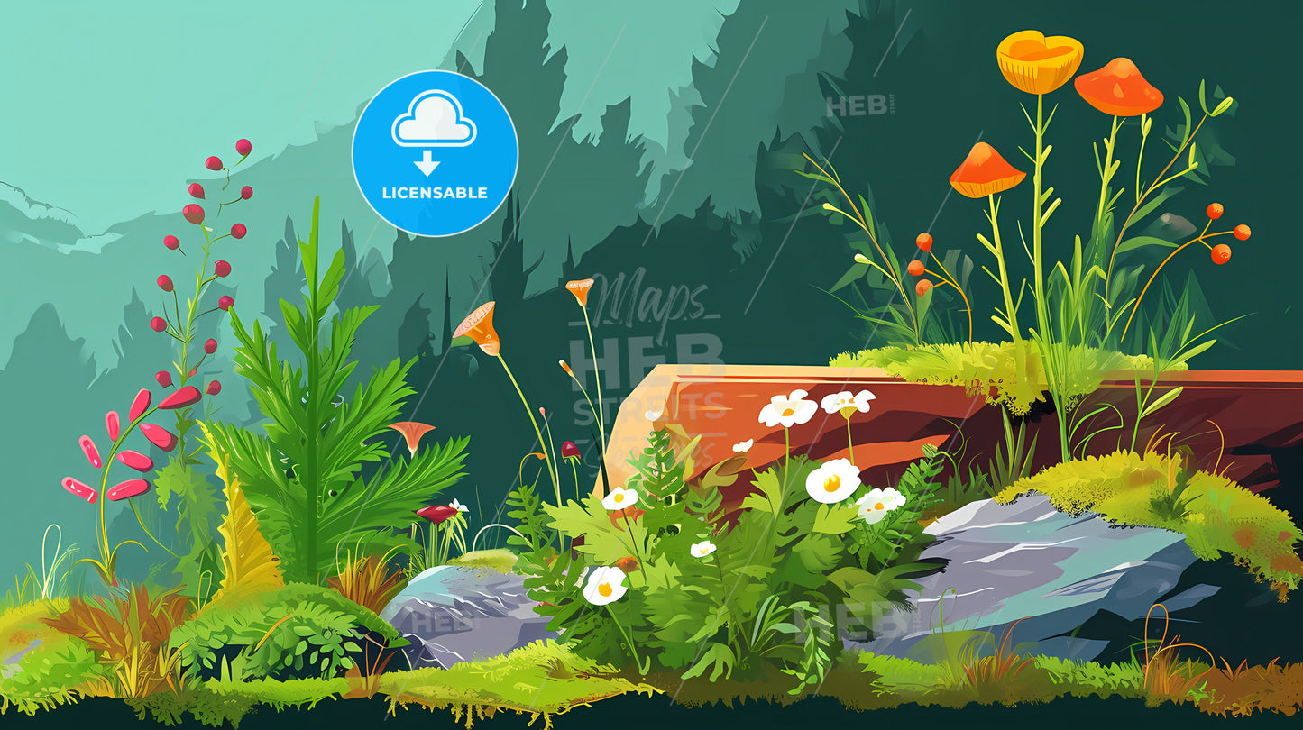 Cartoon Hand Drawn Moss Stones, A Cartoon Of A Forest With Plants And Flowers