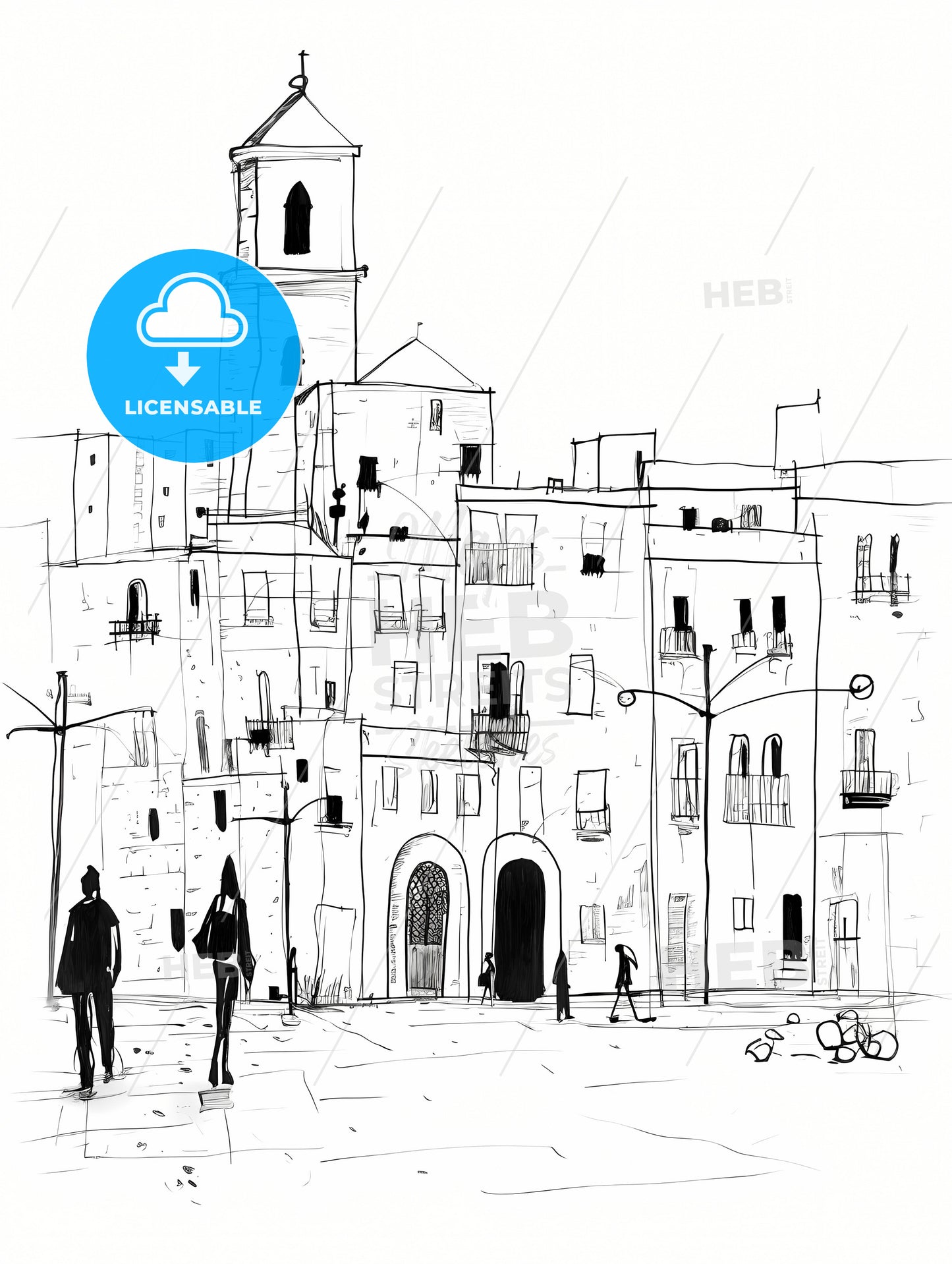 Trapani Tp City Center And Some People, A Drawing Of A Building With People Walking In Front Of It