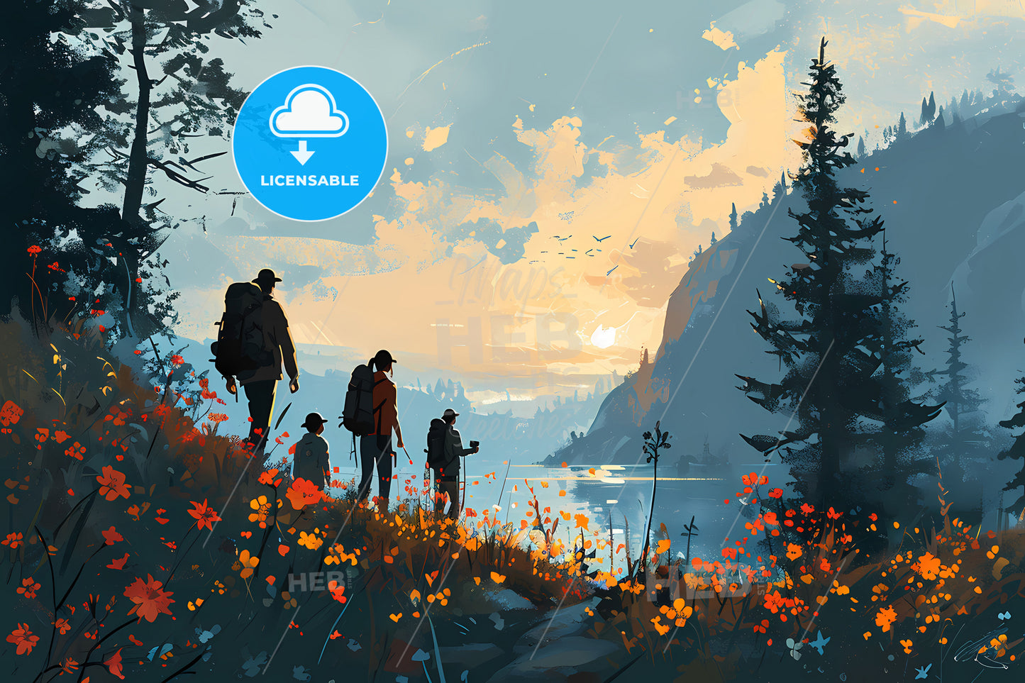Family Camping And Fishing, A Group Of People Walking On A Hill With Flowers And Trees