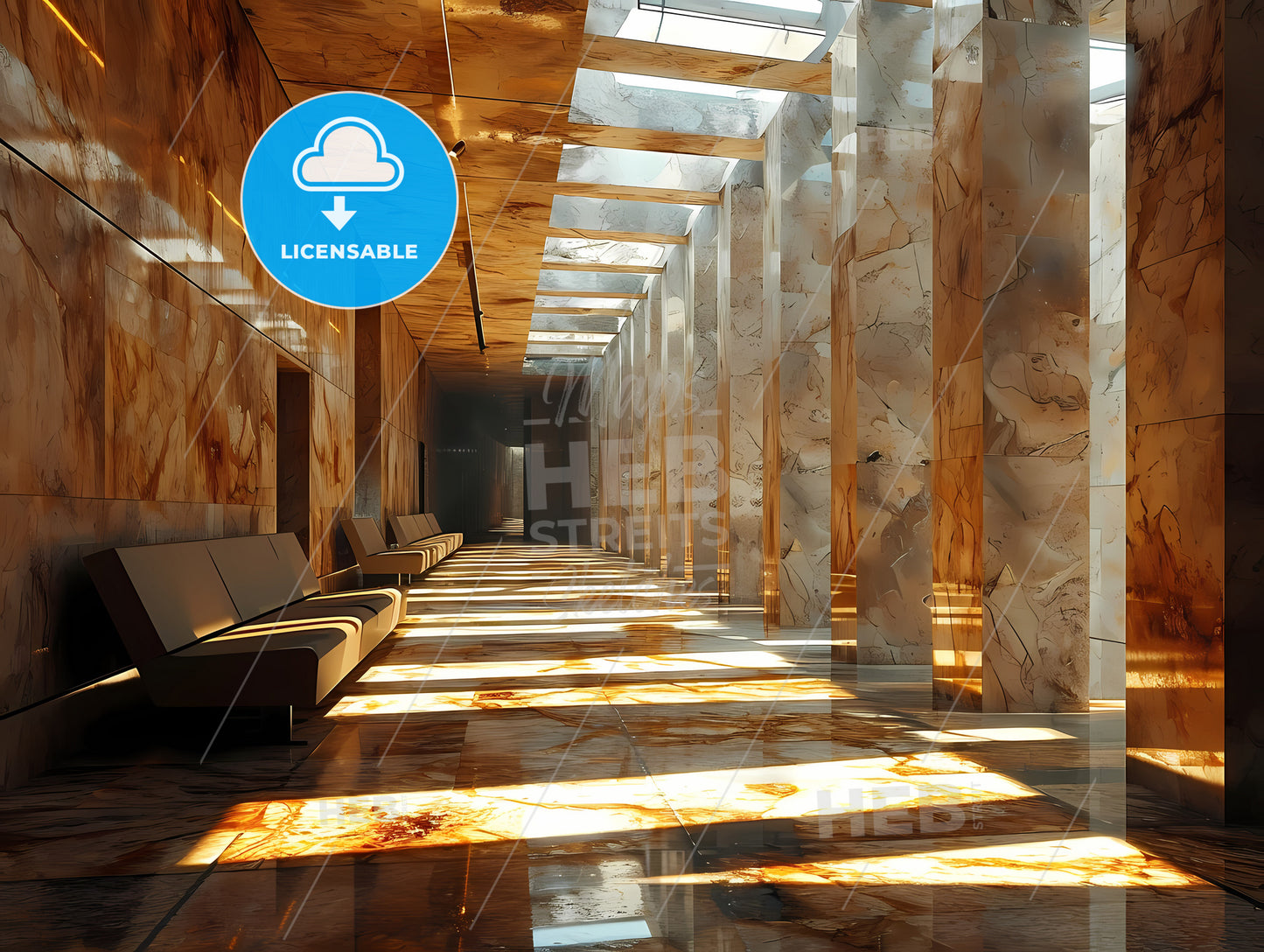 A Passage, A Long Hallway With Benches And Marble Walls