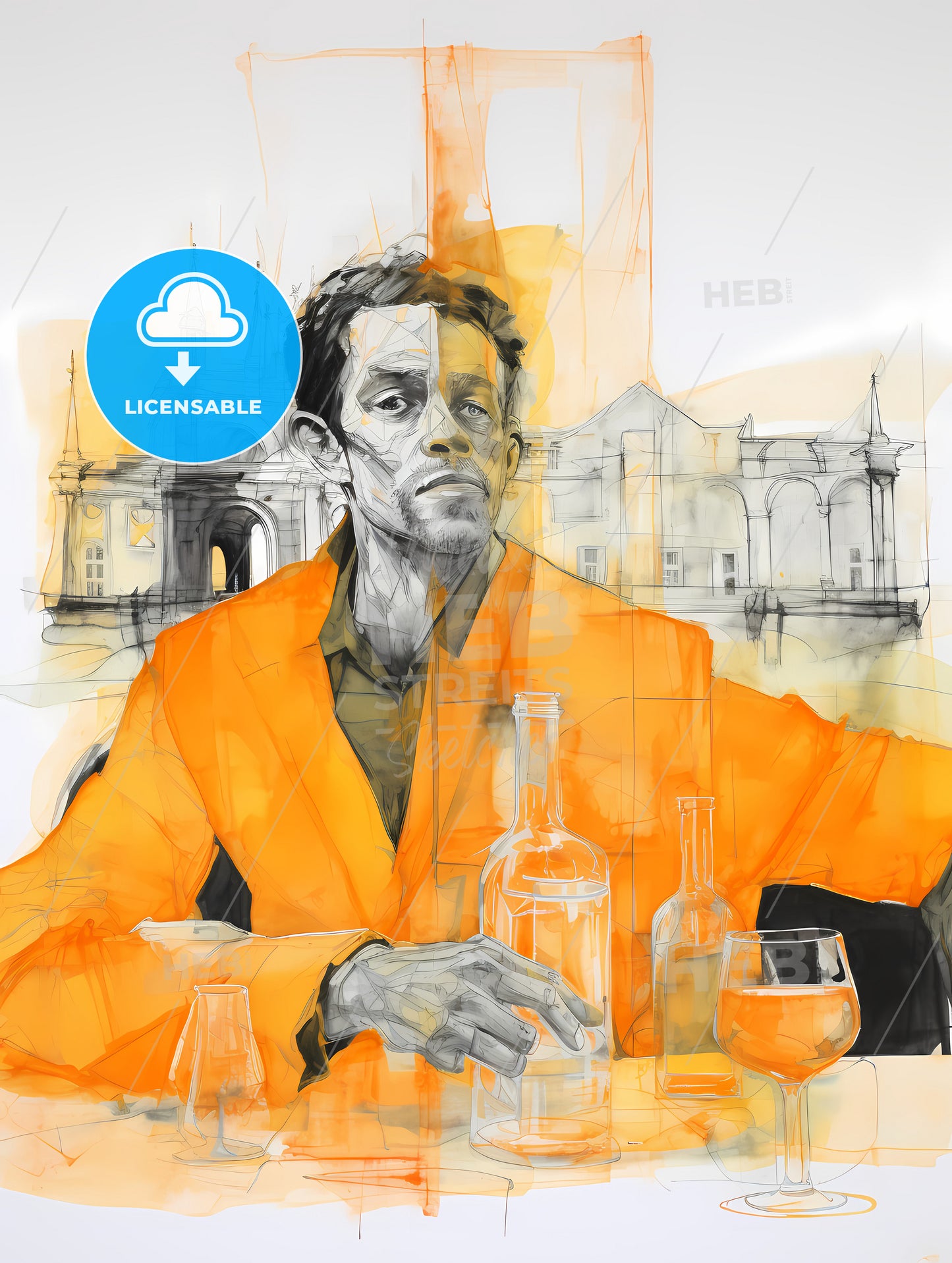 Orange Juice, A Man Sitting At A Table With Bottles And Glasses