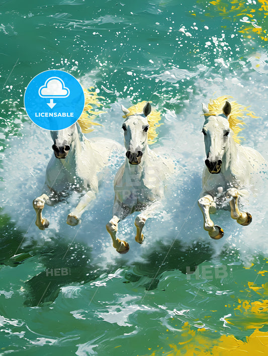 Showcase The Beauty And Spirit Of Horses, A Group Of White Horses Running Through Water