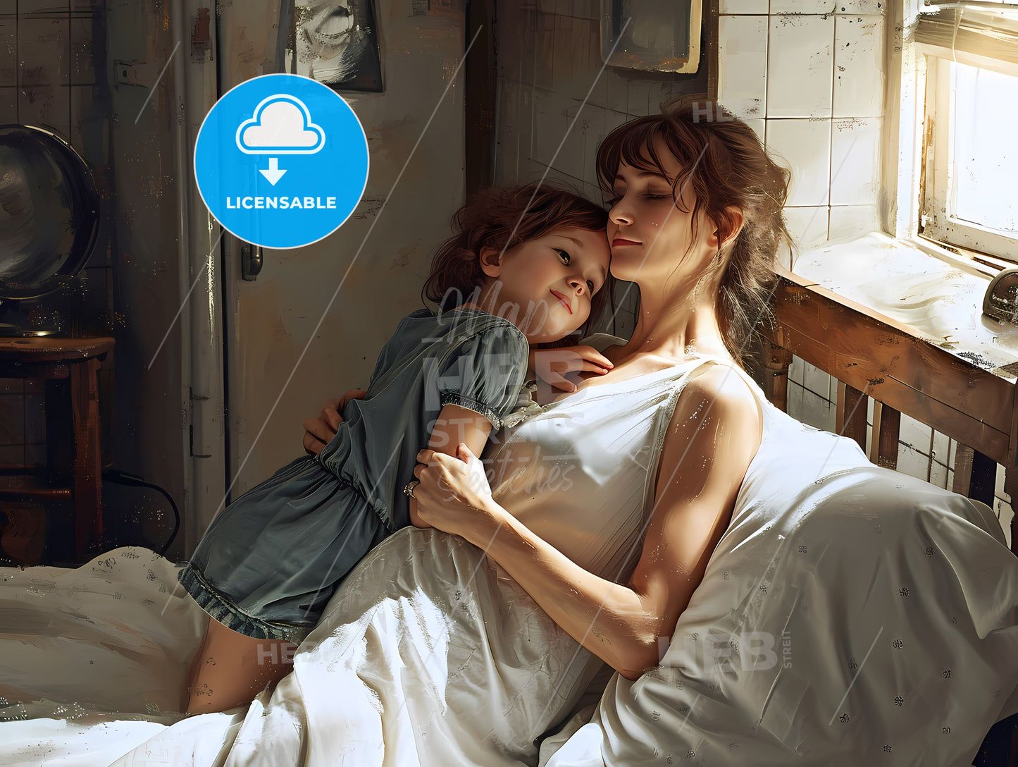 Mom, A Woman And Child Lying On A Bed