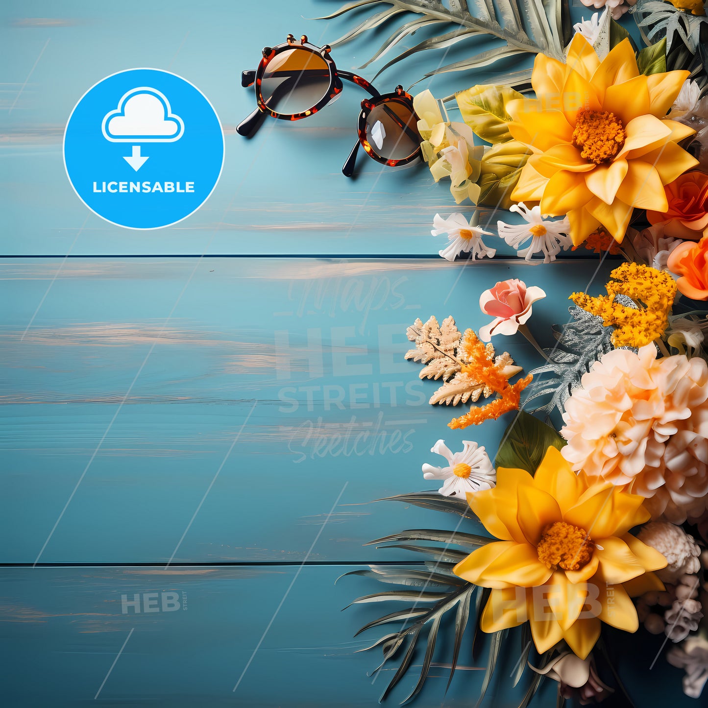Welcome Summer Background, A Group Of Flowers And Sunglasses On A Blue Wood Surface