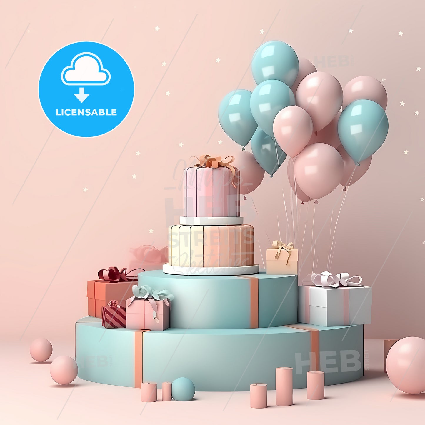 3D Background Happy Birthday, A Cake And Balloons On A Podium