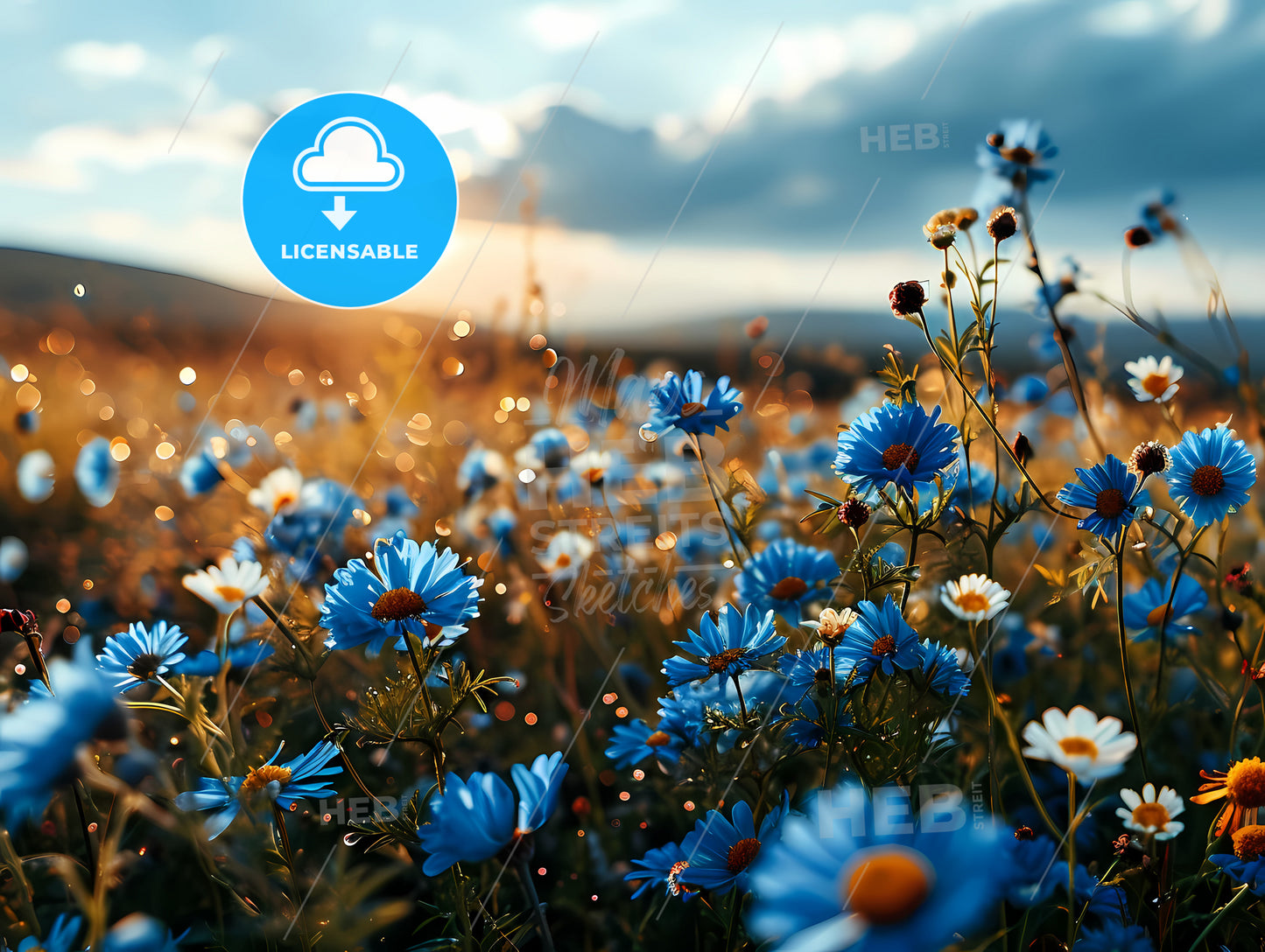 Beautiful Field Meadow Flowers Chamomile, A Field Of Blue Flowers