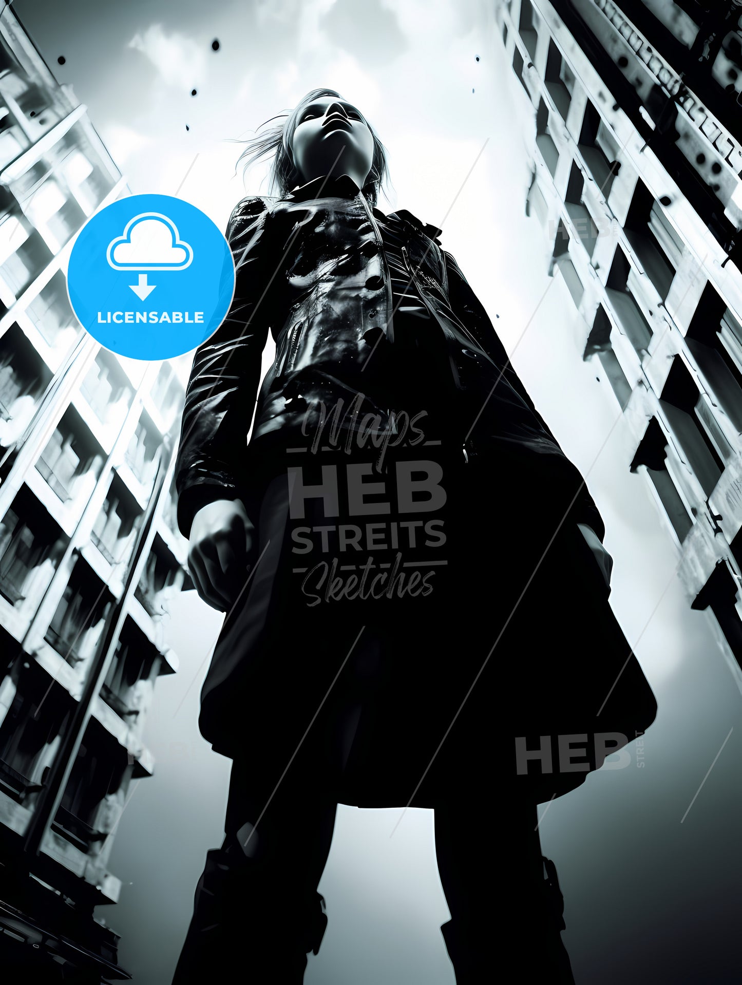 Girl Model Shooting Low Angle Shot, A Woman Standing In Front Of Tall Buildings