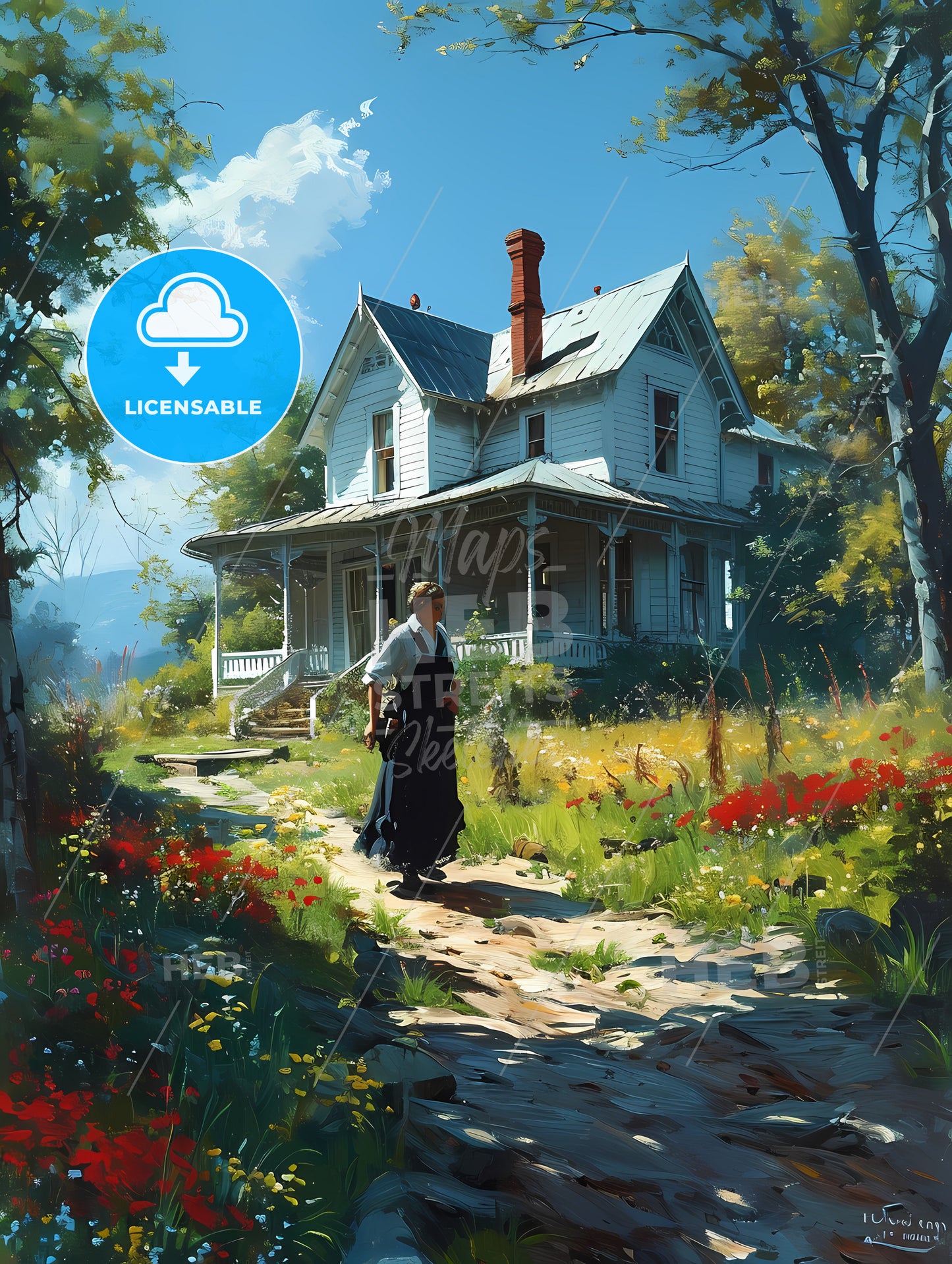 Beautiful Lady Homeowner In 1945, A Woman Walking On A Path In Front Of A House