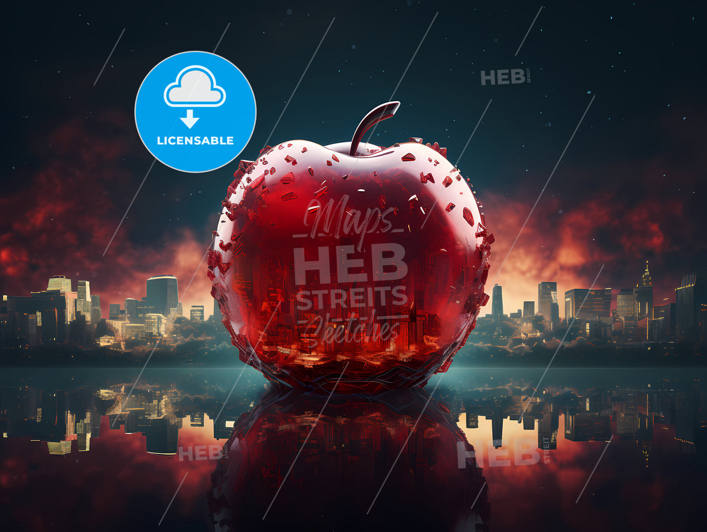 An Illustration Of A Red Apple, A Red Apple With City In The Background