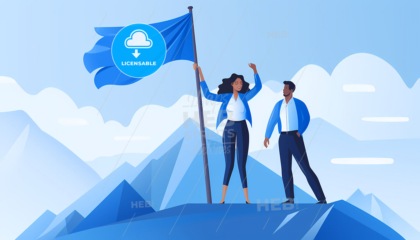 A Man And Woman, A Man And Woman Holding A Flag On Top Of A Mountain