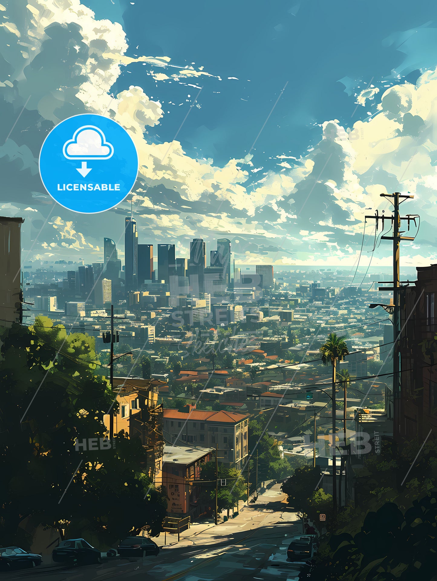 Hollywood California Skyline, A City With Trees And Power Lines