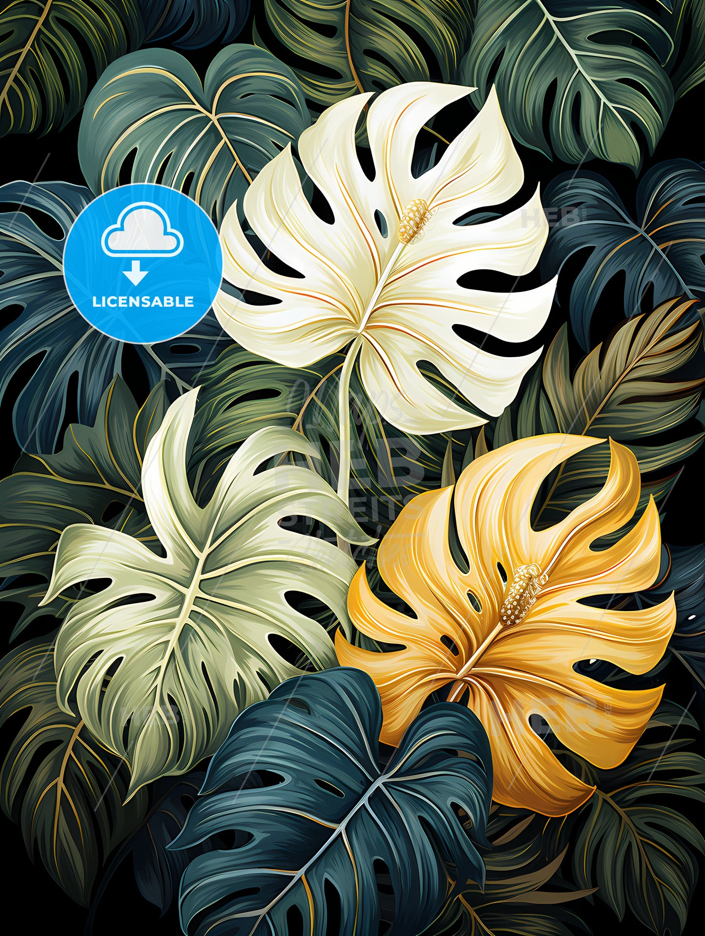 Monochrome Monstera Tropical Leaves, A Close Up Of A Plant