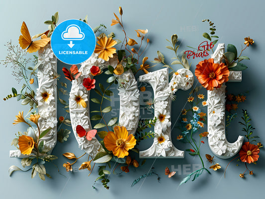 Stylish Logo With The Text Art Prints, A White Letters With Flowers And Butterflies