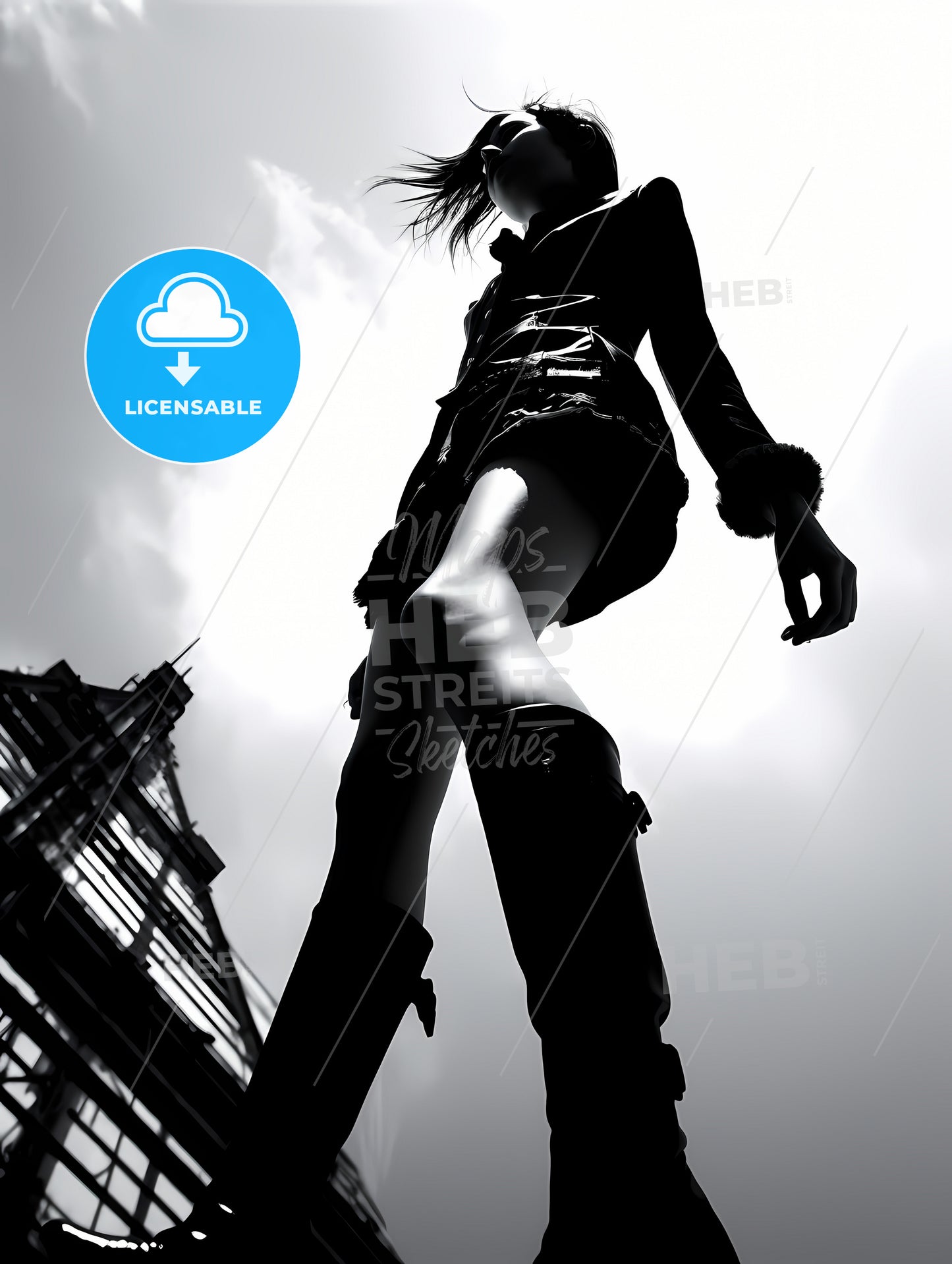 Girl Model Shooting Low Angle Shot, A Woman Walking In A Short Skirt And Boots